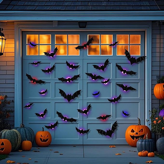 DR.DUDU 36 Pack Halloween Bats Wall Decor - Lighted 3D Bat Stickers