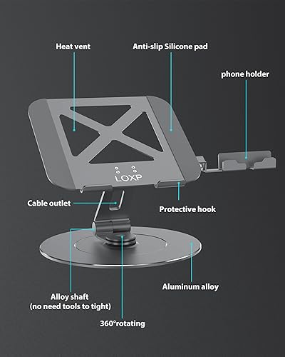 Miniatura 4 de Soporte giratorio de aluminio ultraestable para computadora portátil con soporte giratorio plegable para teléfono, 300% estabilidad de base grande,
