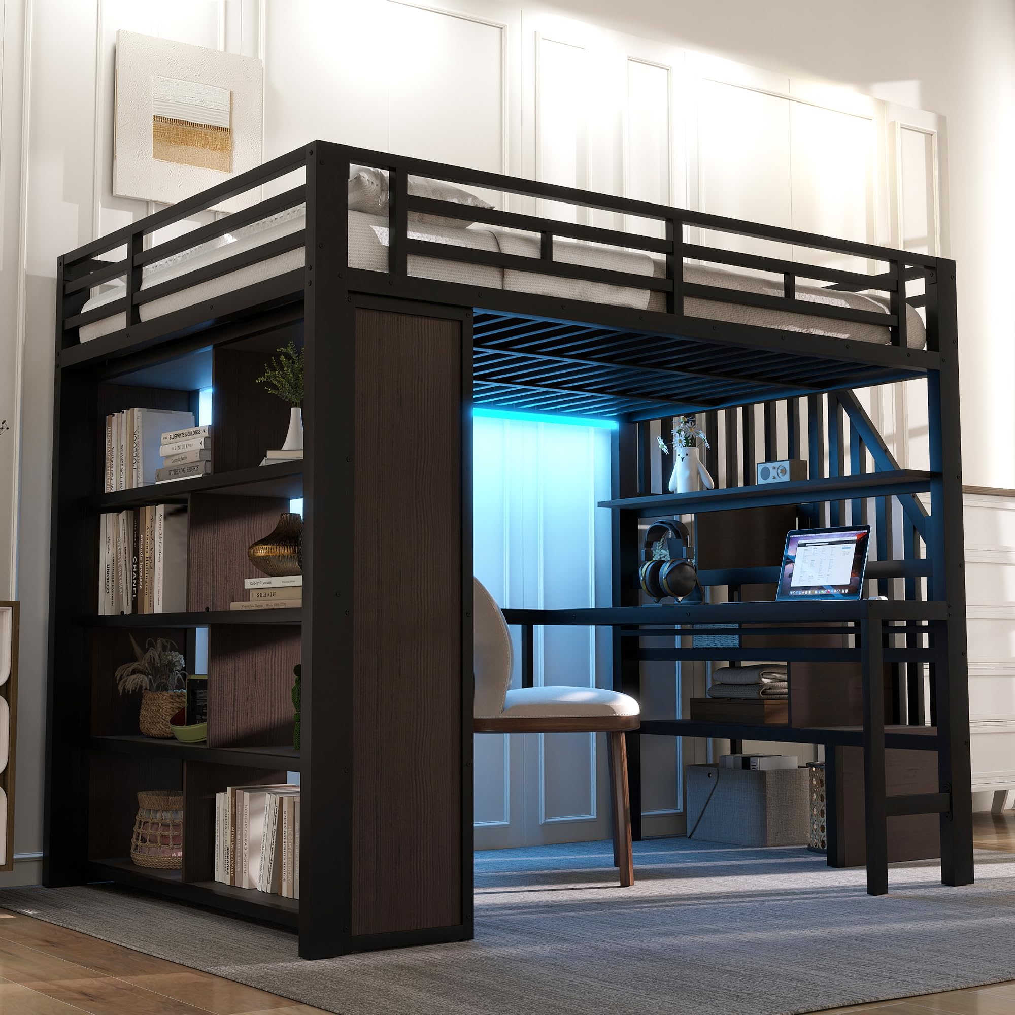 Lit Mezzanine 140x200 cm, avec Bureau, Étagères de Rangement, Escalier avec espace de rangement – Structure en Métal et Panneaux MDF – Gain de Place pour Chambre d'Enfant, Ado ou Étudiant, Noir