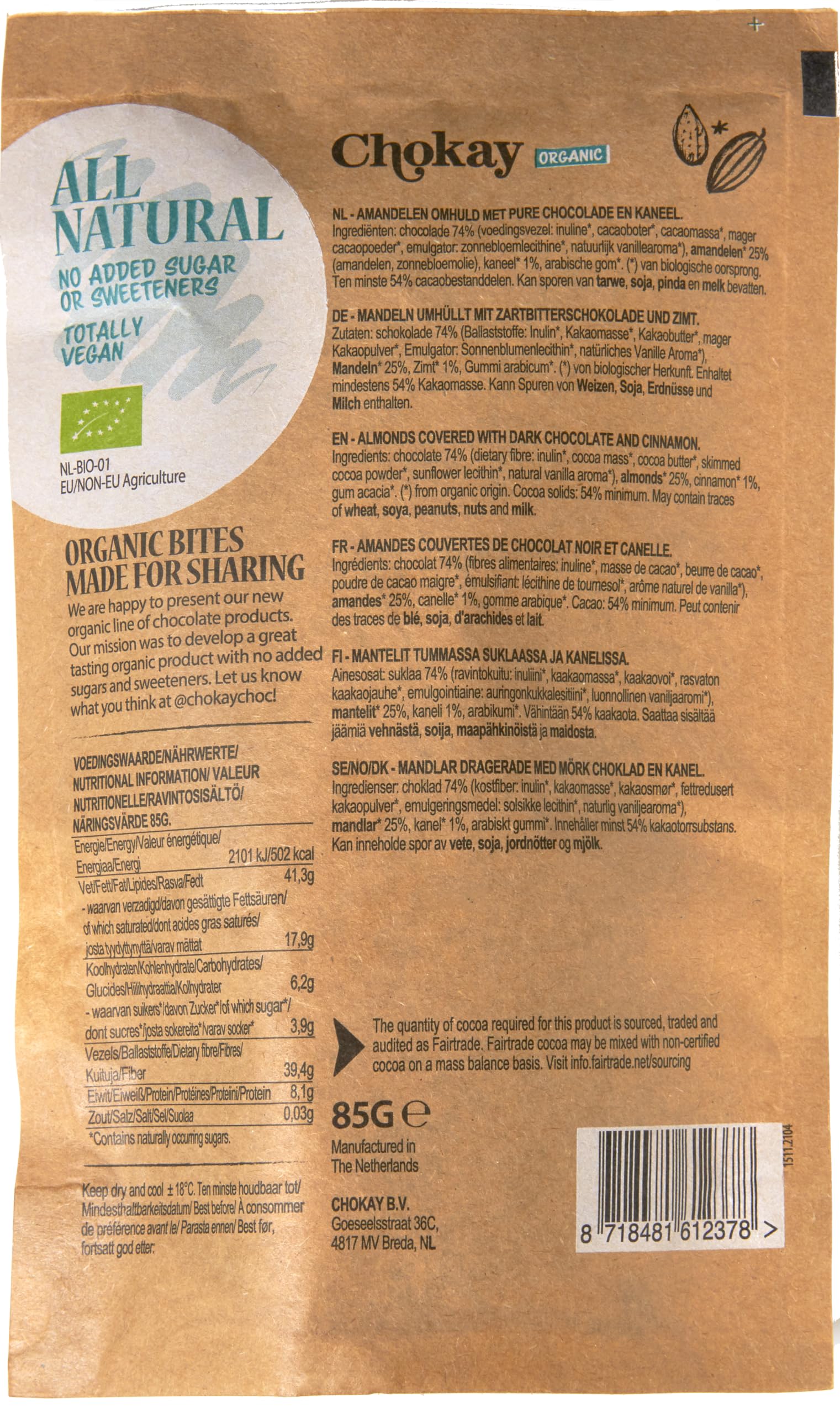Chokay BIO Bites 4er SET - ALMOND CINNAMON/Zimt-Mandeln in belgischer Zartbitter-Schokolade/Ohne Zuckerzusatz, ohne Süßungsmittel/VEGAN & FAIR TRADE / 4x85g
