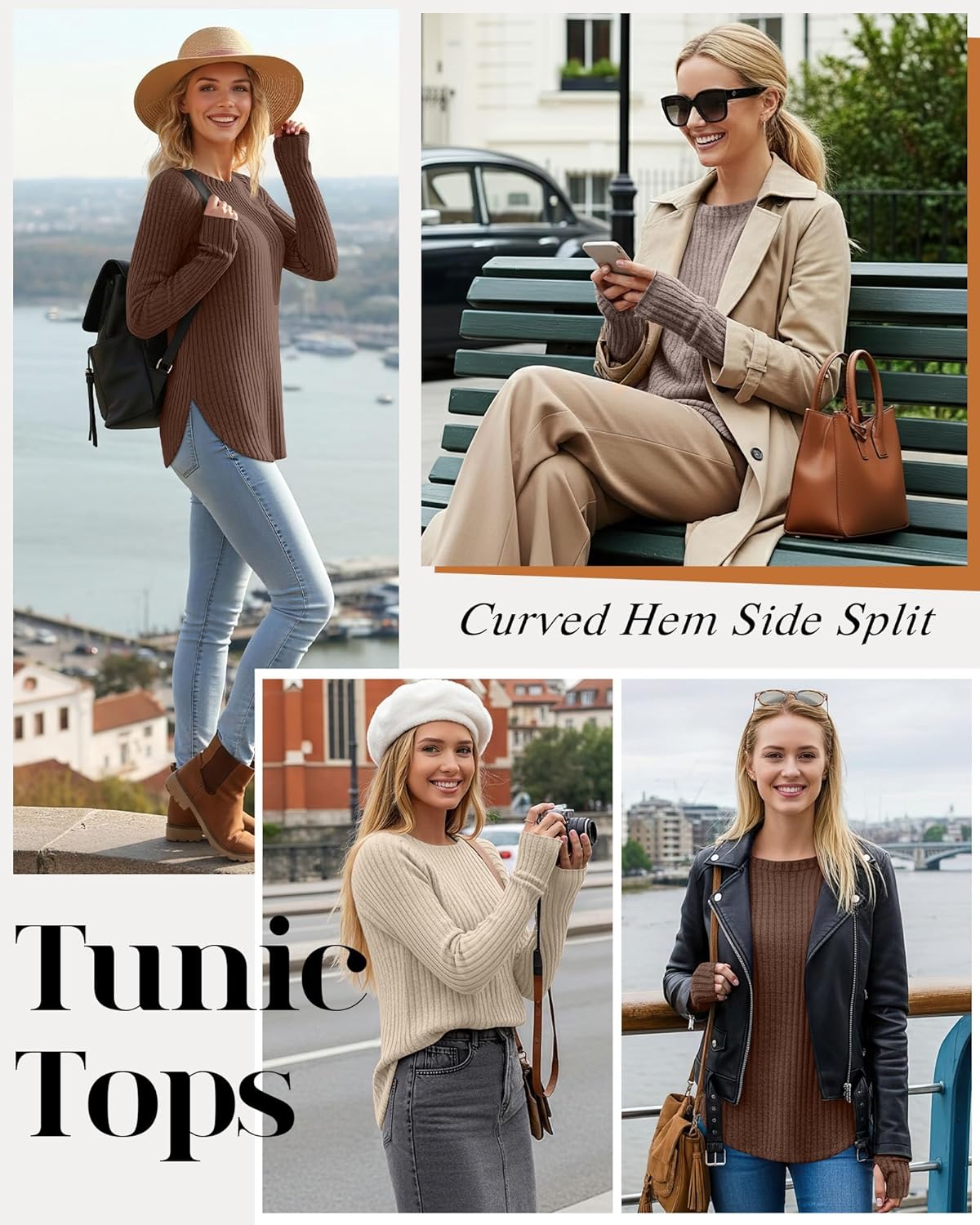 Riyiper 3 Pack Women's Long Sleeve Sweaters with Thumb Hole, Tunic Tops Ribbed Curved Hem Side Split Crew Neck Loose Shirts - Image 2