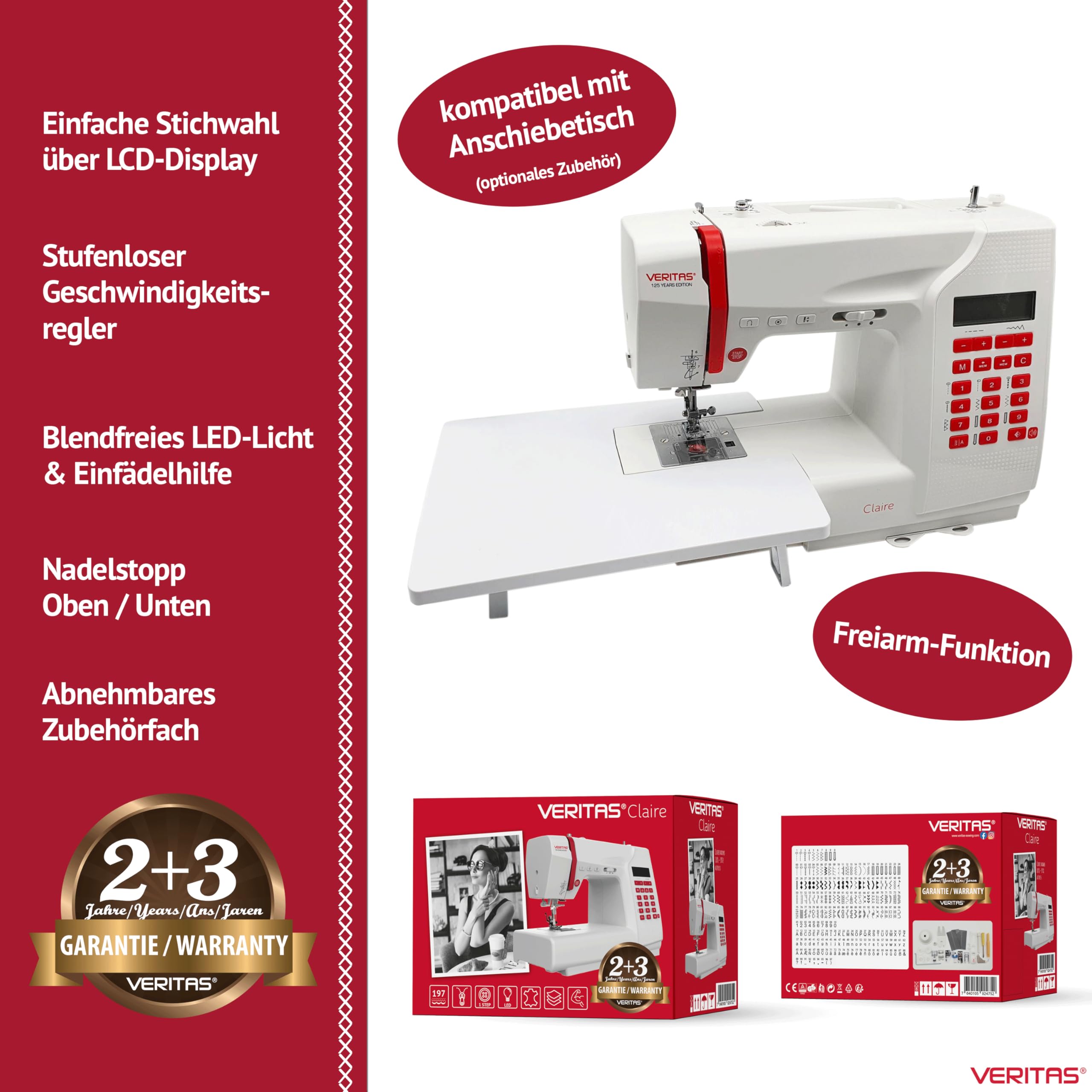 VERITAS Claire Computer-Nähmaschine mit LCD-Display – 197 Stiche inkl. Alphabet & Zahlen, viele Automatikfunktionen, Freiarm, Fußpedal, Memory-Funktion, Testsieger Note 1,1 (02/26)