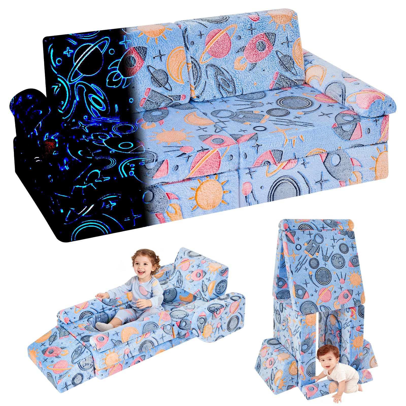 IFNOW Universe Modular Kids Play Couch for Toddlers 1-3, 10 Pcs Convertible & Washable Toddler Foam Couch for Space-Themed Rooms & Rocket Builds, Glow-in-the-Dark, Apartment Friendly CPC Certified