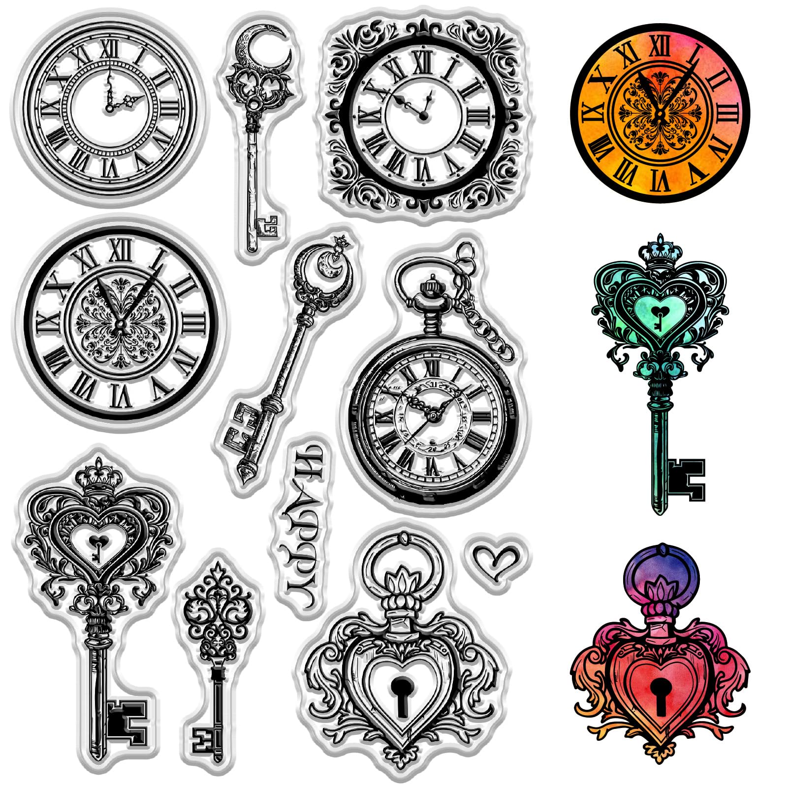 CRASPIRE Vintage Lock Key Clear Stamps Retro Clock Decorative Rubber Seal Stamp Gift Reusable Transparent Silicone for DIY Scrapbooking Journaling Card Making Invitation Sheet