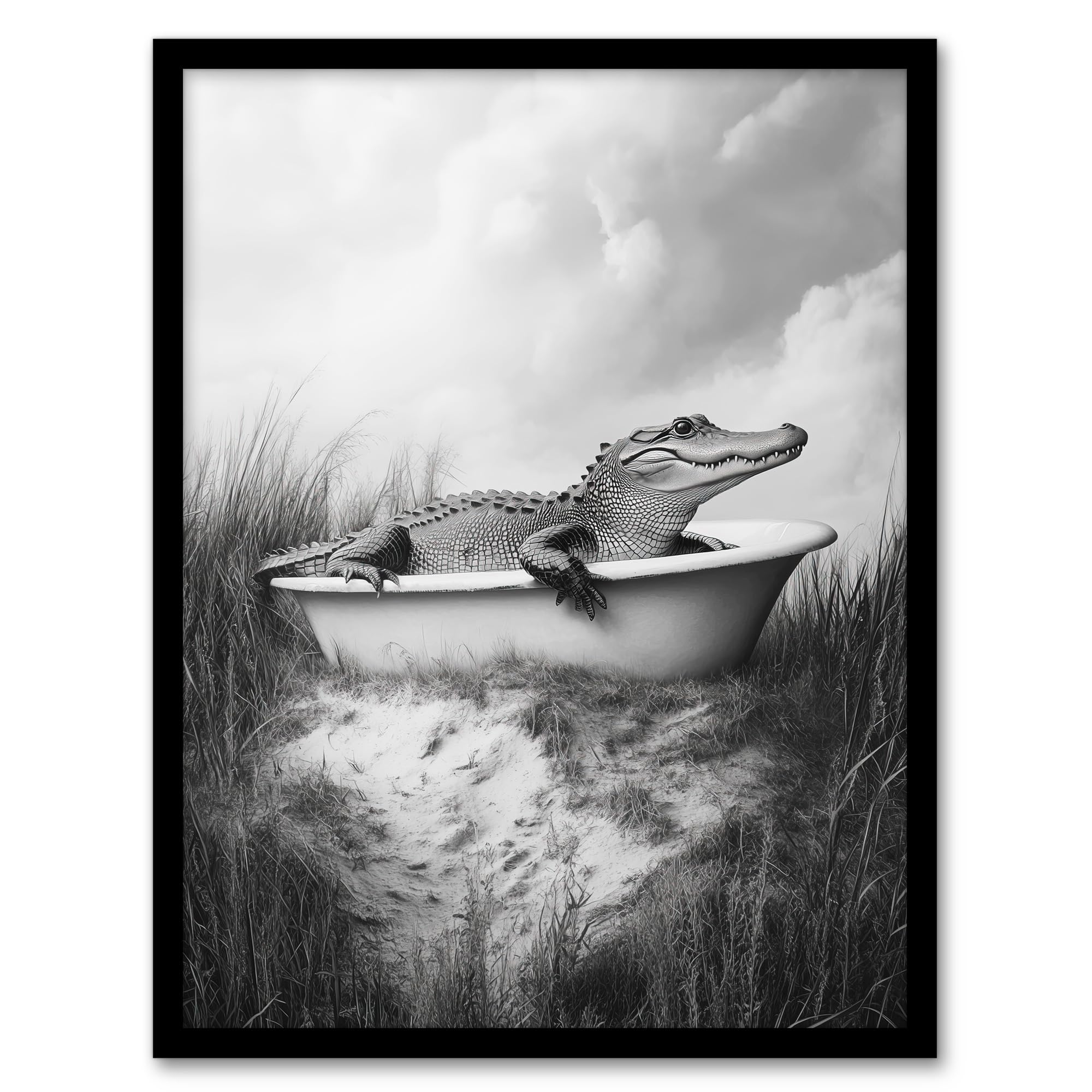 Artery8 Cute Alligator In Bathtub Black White Fun Cheeky Wall Art PrintA4 Size from B&Q