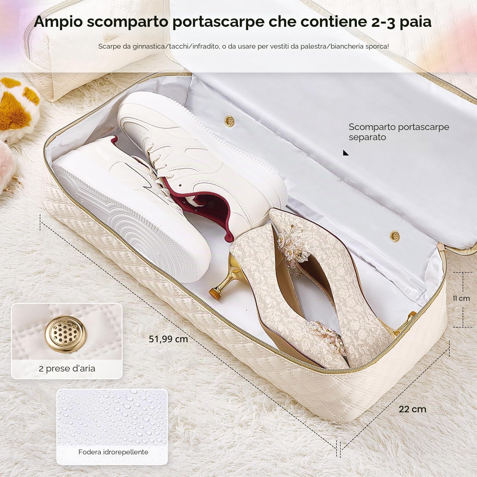 Gloppie 39L Borsone da Viaggio Grande Borsa da Viaggio Donna, Impermeabile Borsa Sportiva Palestra con Scomparto per Scarpe, Borsa Parto Ospedale Mamma Weekend, Beige