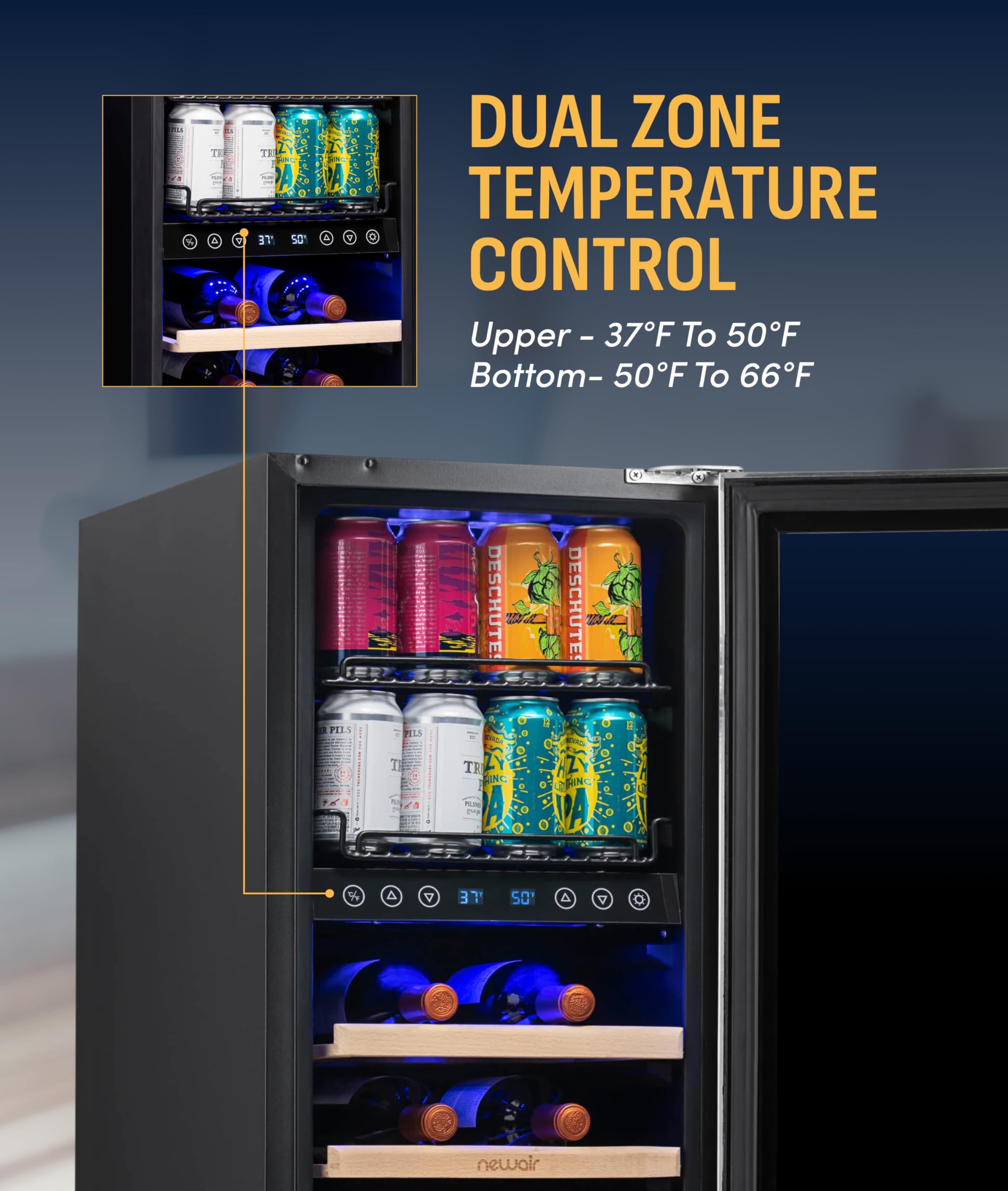 NewAir 15" Dual Zone Beverage Refrigerator & Wine Cooler For 9 Bottles & 48 Cans | Freestanding Or Built-In Under Counter Mini Fridge For Beer, Wine And Soda | Stainless Steel on Fridge.com - View 5