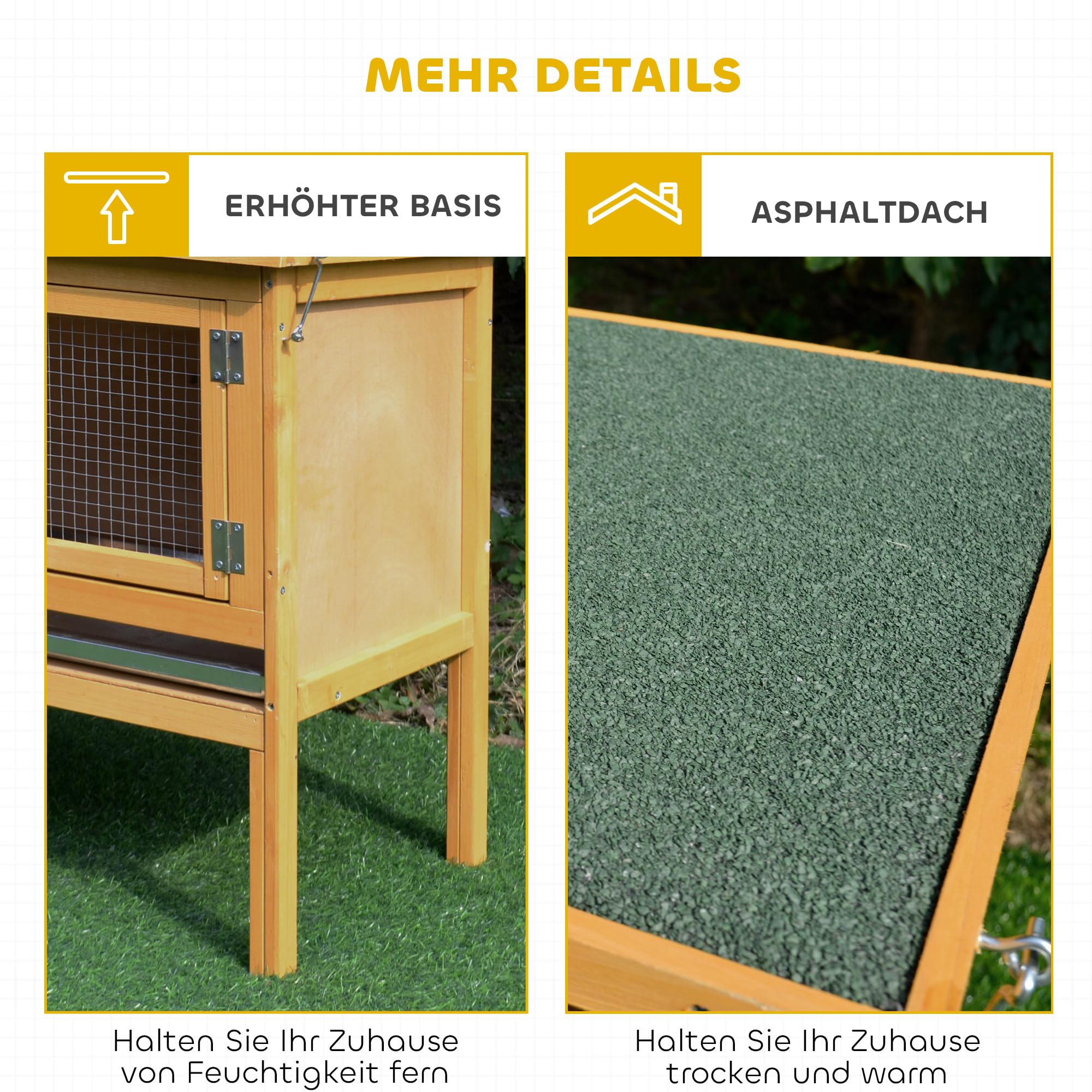 PawHut Conejera de Madera para Conejos, 115 x 44,3 x 65 cm, con Techo abatible, 2 Puertas, Bandeja a Prueba de Fugas, Jaula para Conejos al Aire Libre, Color Amarillo Claro