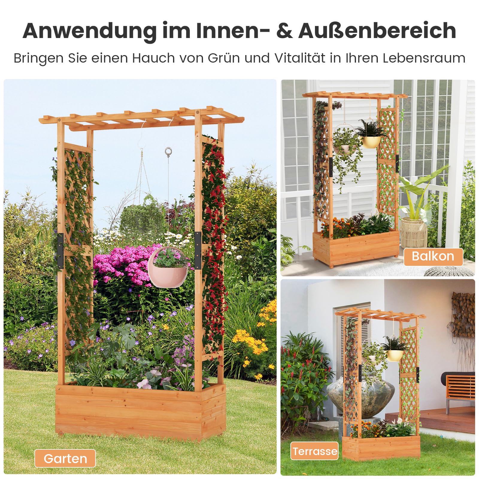 COSTWAY Blumenkasten mit Rankgitter & hängendem Dach, Pflanzkasten mit Rankhilfe, Hochbeet für Kletterpflanzen & hängende Körbe, für Hof Garten Terrasse, Pflanzkübel Holz, Orange (110x44x182cm)