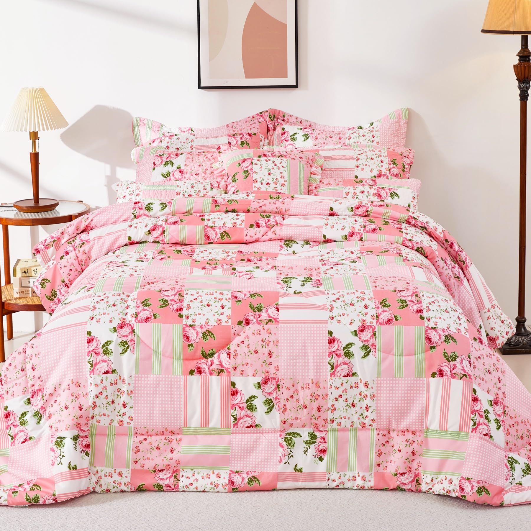 Floral Comforter with 2 Pillow Shams-King Size,Patchwork Pink Bed Set 3 PCs,Soft Microfiber Comforter Set for Girls,Lightweight Reversible Bedding for All Season(King102 x90,Pink)