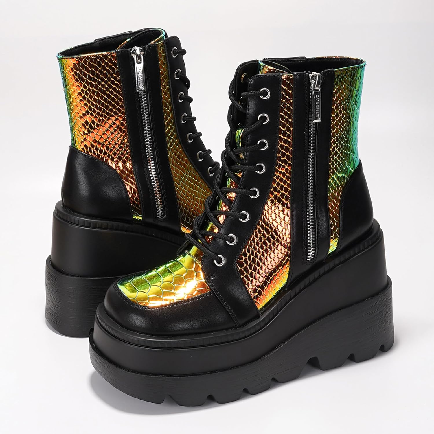 Cape Robbin Holographic Platform Ankle Boots for Women Chunky Block Heels Pointed Toe PU Leather with Buckle Strap Retro Futuristic Style (Radio) - Image 7