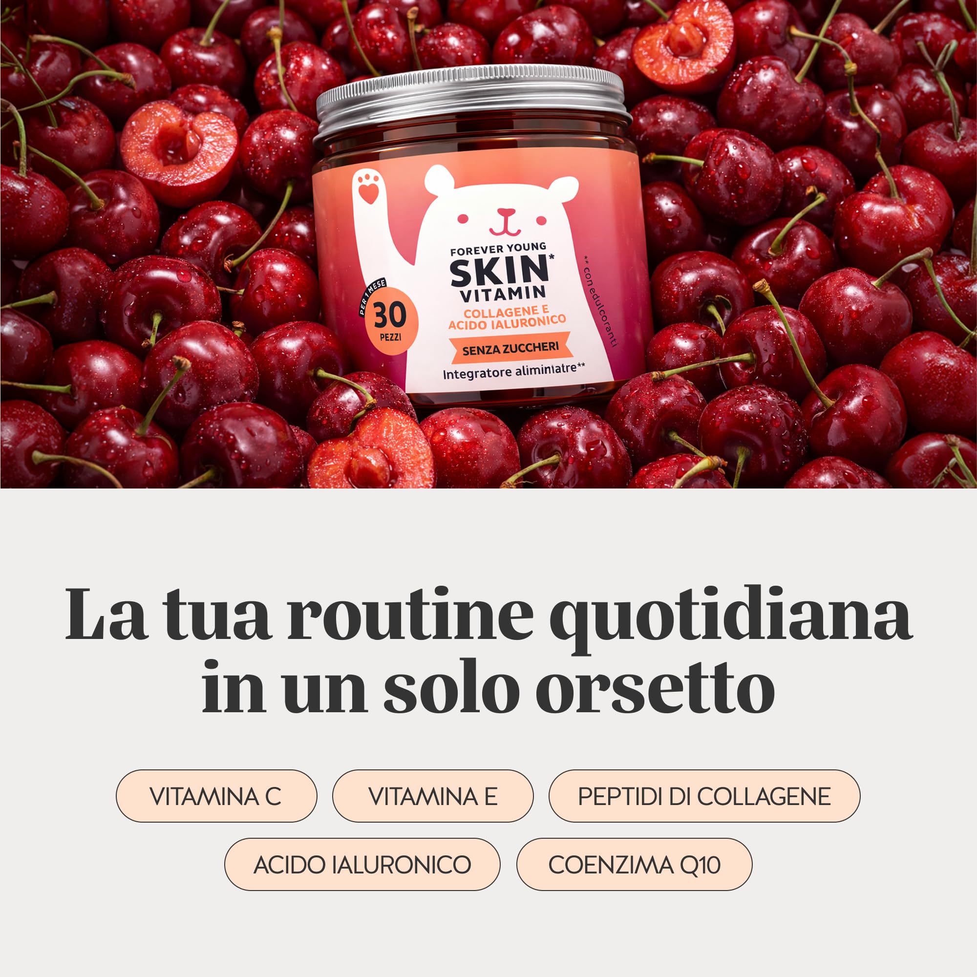 Forever Young Skin – Collagene Vitaminico & Acido Ialuronico – Gommose Anti-Age – con Vitamina C, E e Coenzima Q10 – 30 pezzi (1 mese) – Senza zuccheri – Bears with Benefits