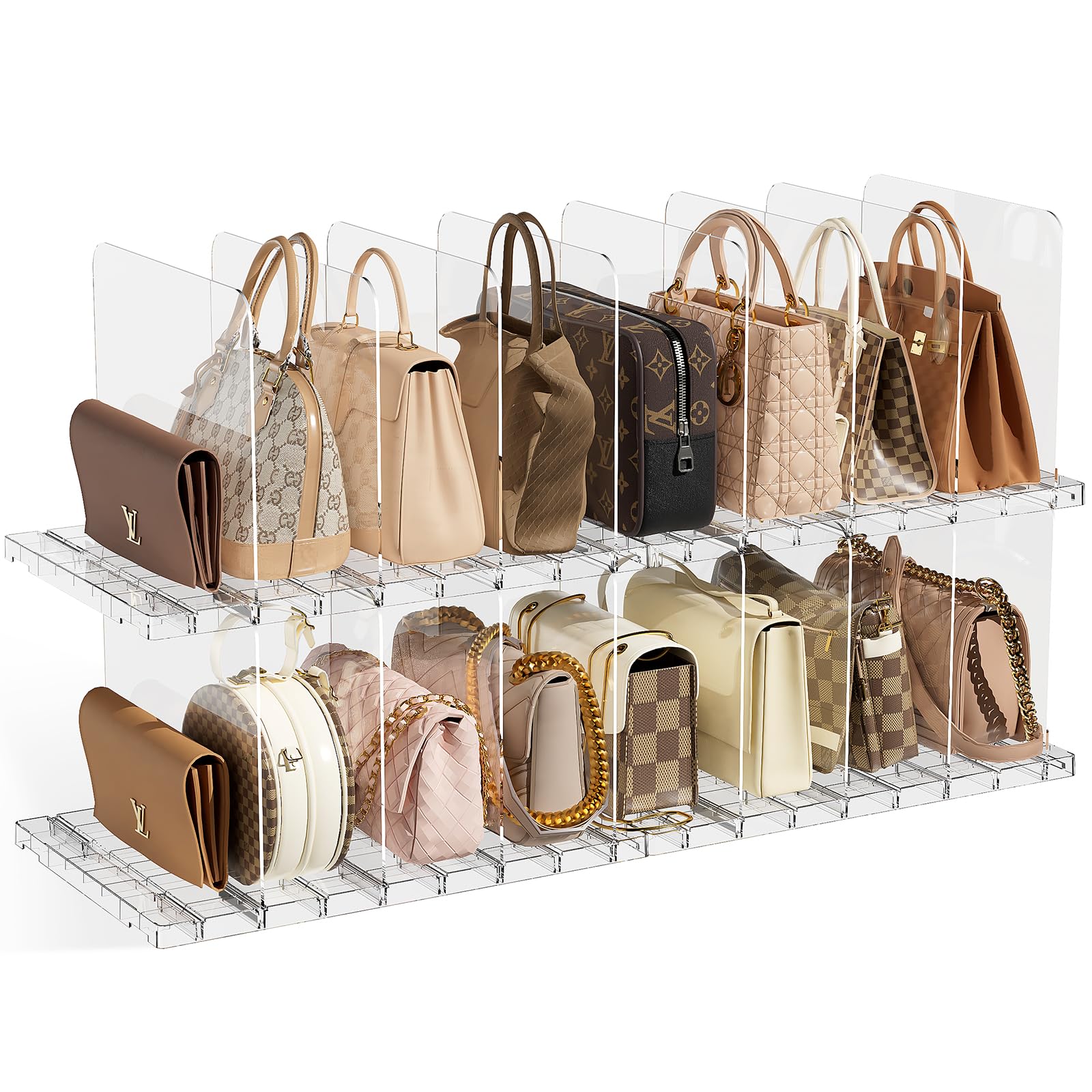 Photo 1 of JOYZAN Stackable Purse Organizer for Closet, Adjustable Shelf Dividers for Closet Organizer Clear Acrylic Closet Purse Organizer Detachable Handbag Storage Separator Dividers for Home, Office - 4 Pack