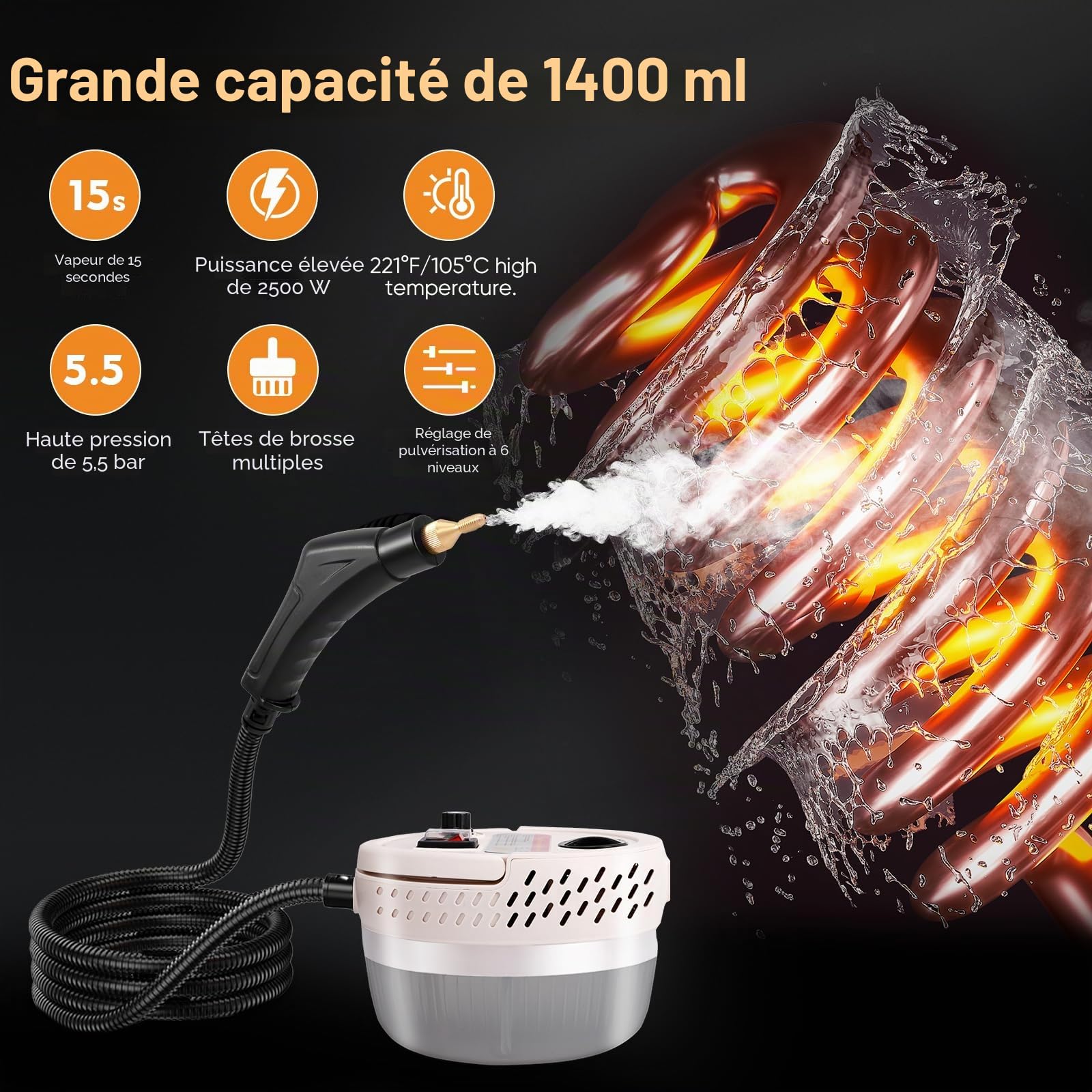 Nettoyeur vapeur 2500W, purificateur de vapeur à main, 1400ML grand réservoir d’eau, 6 vitesses réglables, 3 types de têtes de brosse pour tous les meubles de cuisine plancher salle de bain voiture