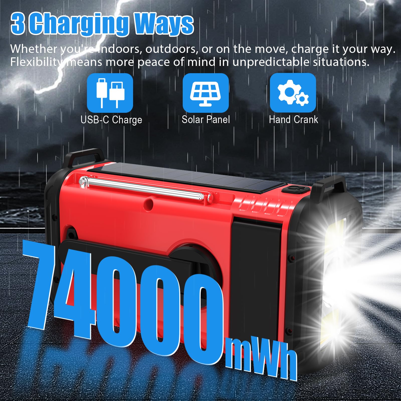 Radio di emergenza da 20.000 mAh, con manovella a energia solare, radio AM FM NOAA, batteria ricaricabile, allarme SOS, torcia elettrica, lampada da lettura per casa e emergenza all'aperto (rosso)