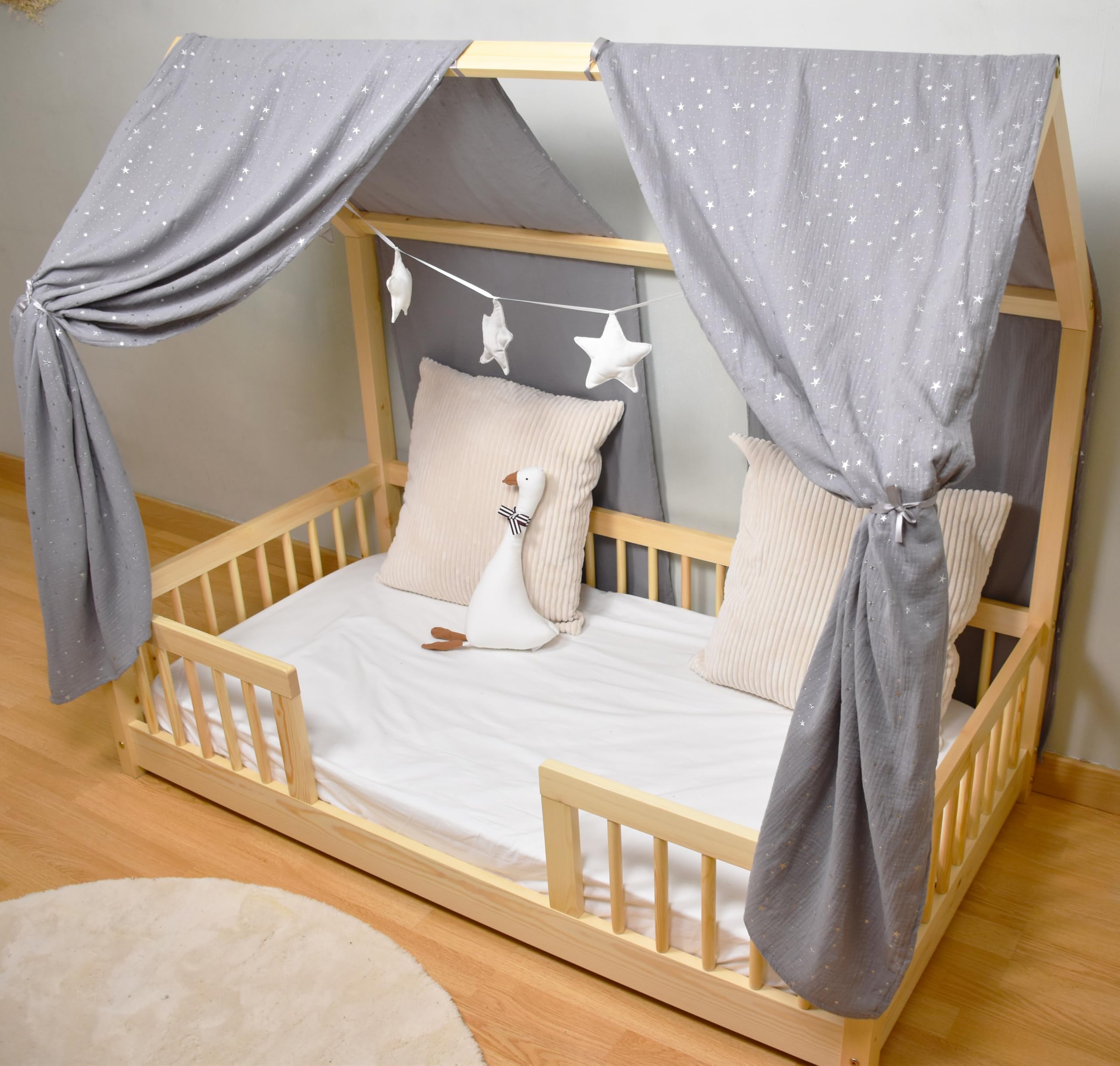 Tenda Letto Bambini In Cotone 100% - Baldacchino Montessori Per Cameretta 135x360cm Rosa Scuro - Foto 8
