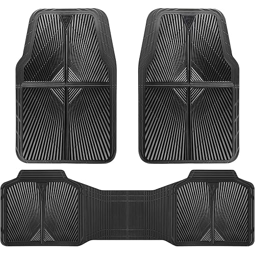 CAR PASS Rubber Floor Mats, All Weather Waterproof Trim-to-Fit Automotive Mats for Cars Trucks SUV, Anti-Slip Easy Clean, Heavy Duty Full Set 3-Piece, All Black