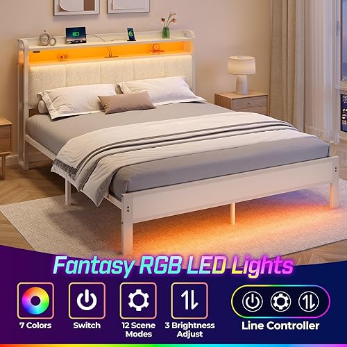 Miniatura 10 de Rolanstar Base de cama Queen con luces LED, cabecera tapizada, estación de carga, estantes de almacenamiento, listones de metal resistentes, no