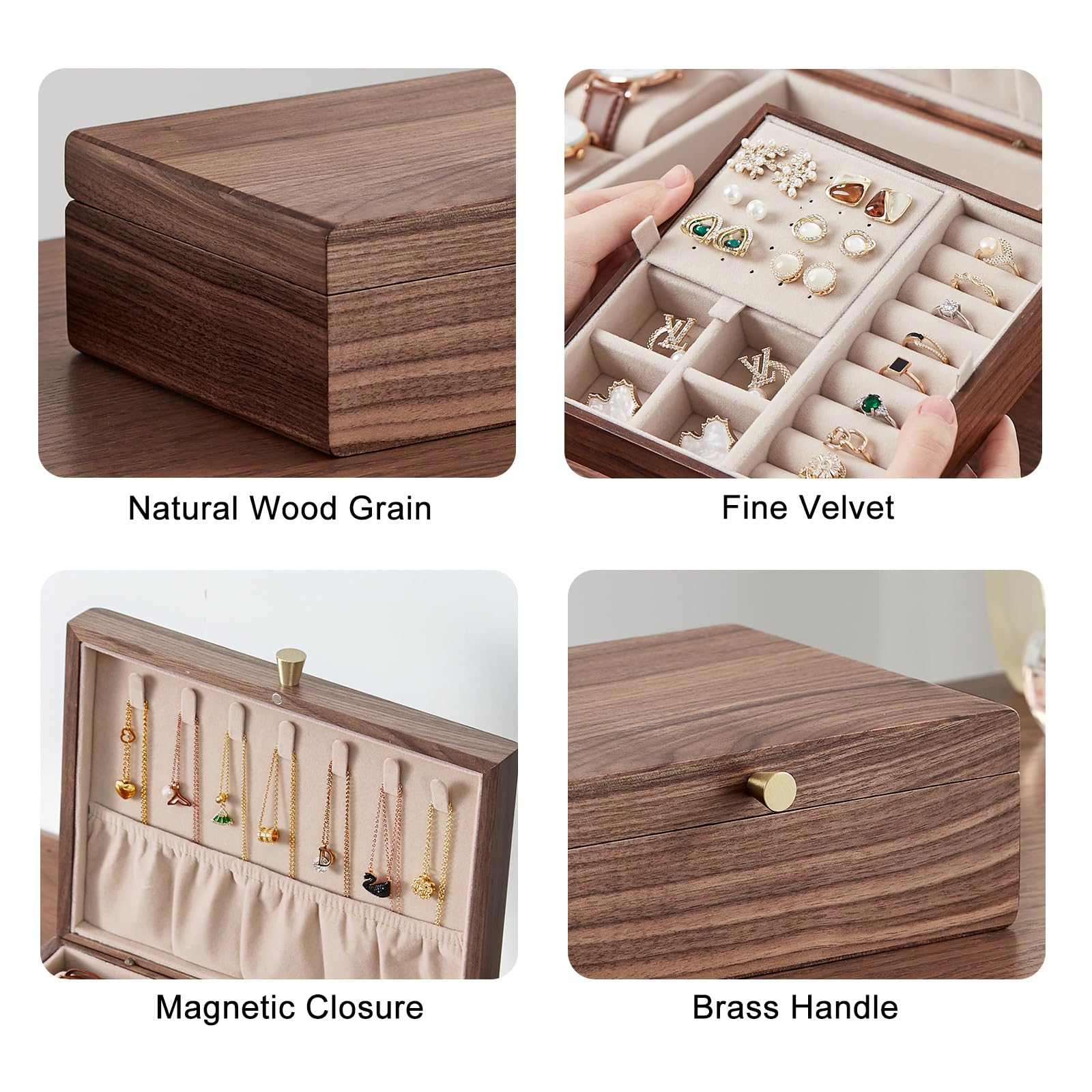 Homruilink Portagioie in legno di noce nero per donne, organizer per gioielli a 2 strati con vassoio rimovibile per orologi, anelli, orecchini, collane, bracciali, regali di compleanno e Natale