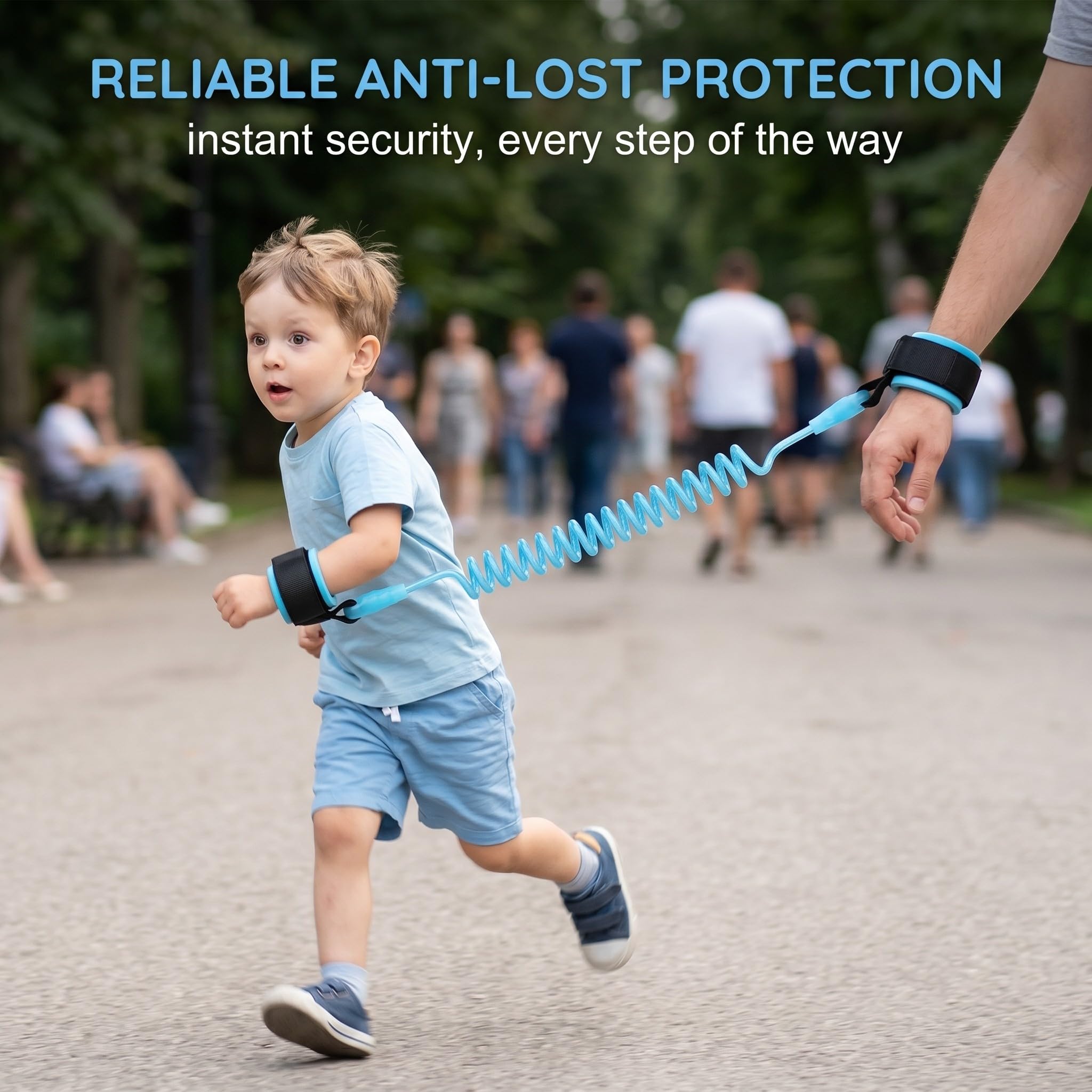 Guinzaglio per Bambini 1.5m con Cavo a Molla Flessibile e Rotazione 360°, Antismarrimento, Blu