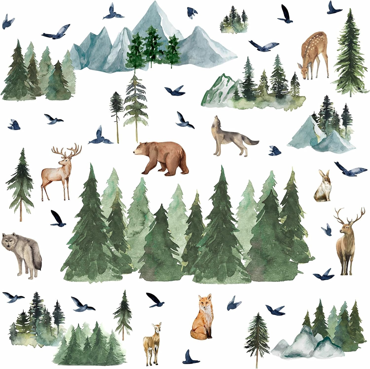 MOSITU Woodland Animal Wall Stickers 49 Pcs 2 Sheets Watercolour Forest Decals with Pine Trees Bear Deer Fox for Kids Bedroom Nursery Decor