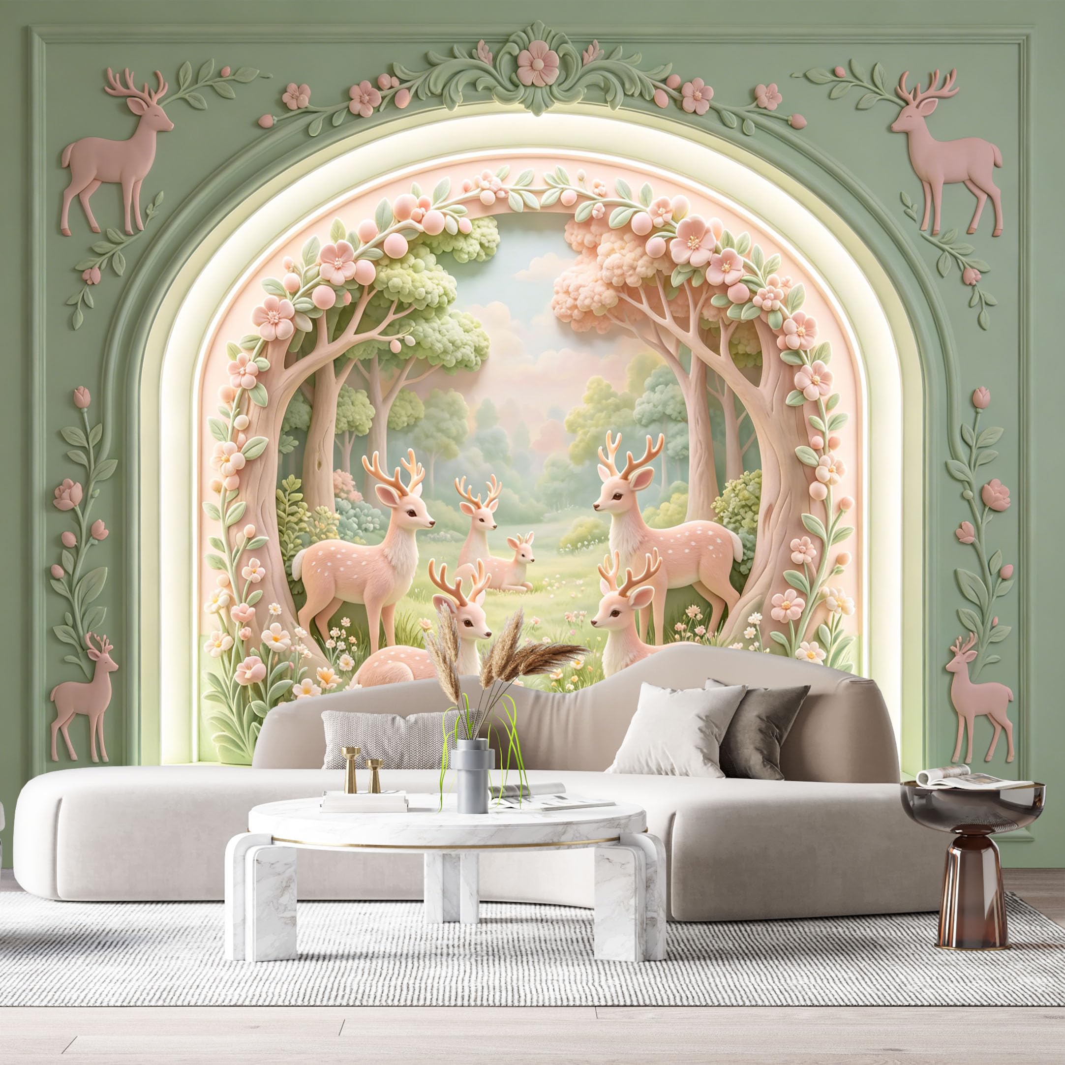 Custom Size Wall Murals Pink Deer Floral Forest Landscape 3D Trompe L'Oeil SelfAdhesiveWall Fabric Removable Wallpaper Wall Decor for Living Room Bedroom Bathroom