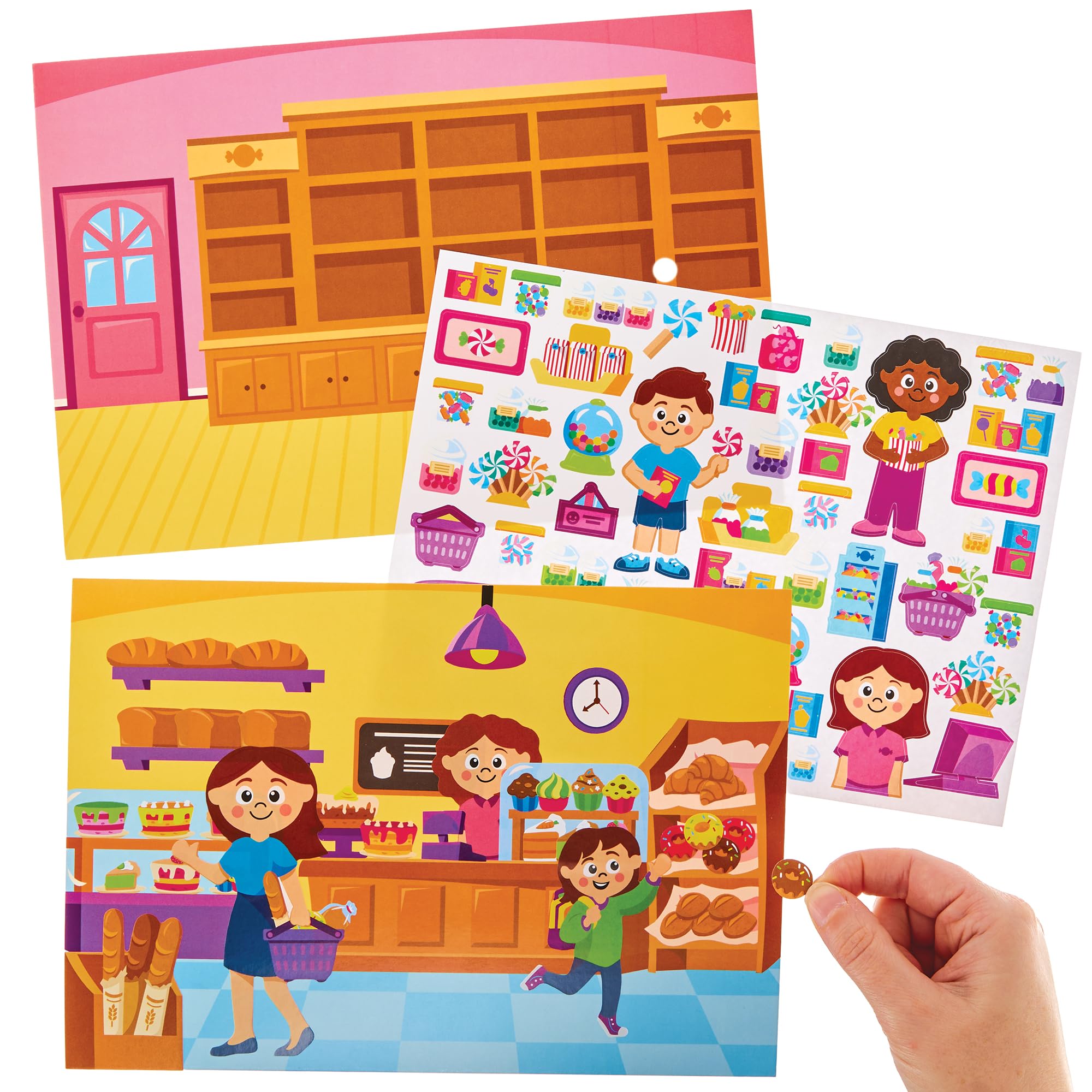 Baker Ross FN091 Shop Sticker Scenes - Pack of 5, Self-Adhesive Stickers for Kids, Crafts for Kids, Stickers for Children