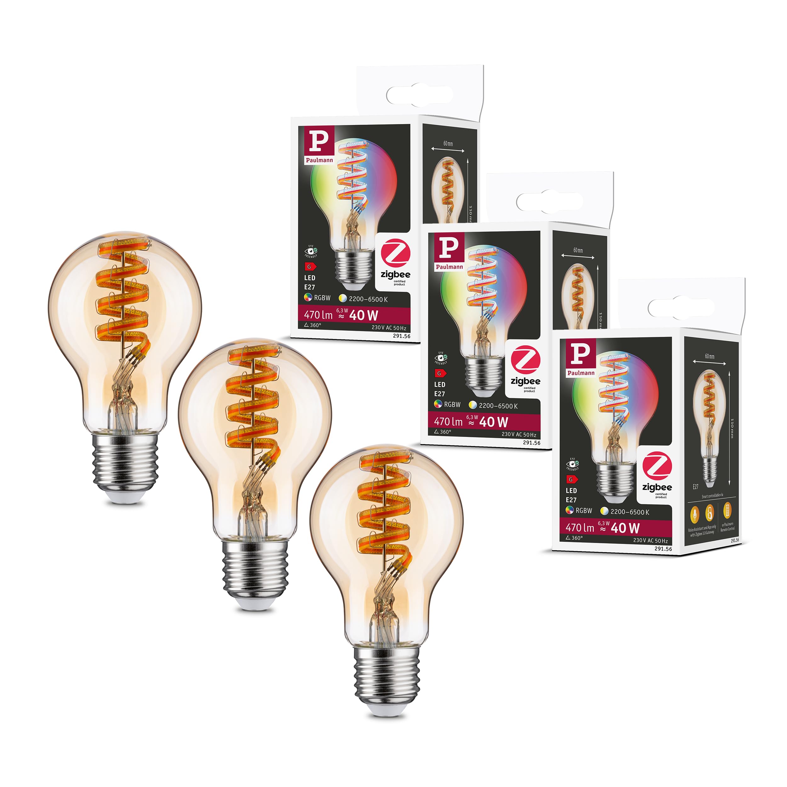 Paulmann 5281 Set Filament 230V LED Birne E27 5x470lm 5x6,3W RGBW+ dimmbar Gold