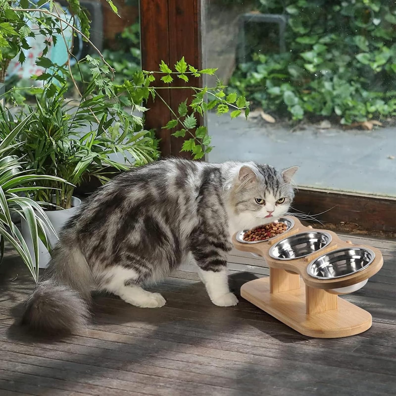 Comedero Gato Elevado Inclinación de 15°Cat Bowl Comederos Altos para Gatos con 3 Cuencos de Acero Inoxidable para Gatos y Perros Pequeños