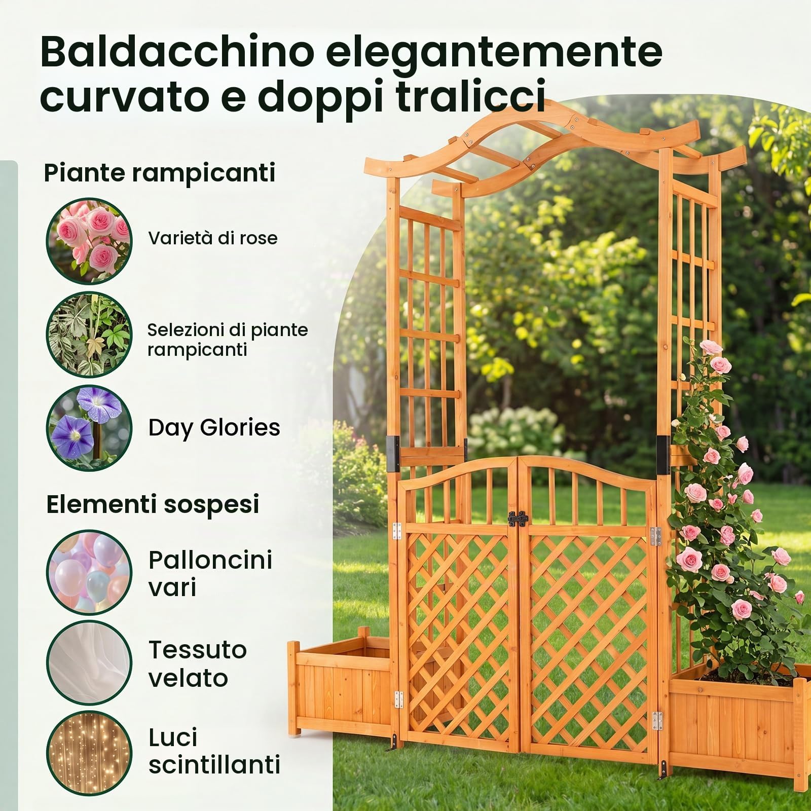 HOMASIS Arco da Giardino con Fioriera, Pergolato per Piante Rampicanti in Legno di Abete, Arco da Esterno con Cancello Chiudibile, Fori di Drenaggio e Pannello Rimovibile, 185 x 46 x 210 cm