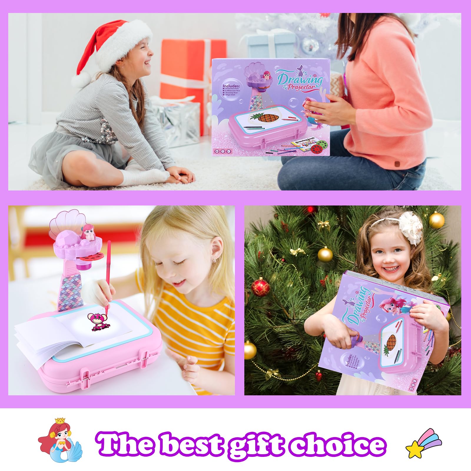 Mädchen Zeichenprojektor für Kinder von 3–5 Jahren Bastelset mit 72 Projektionsbildern, Zeichenbrett, Malbuch und Buntstiften Kreatives Geschenk für Mädchen (Meerjungfrauen-Set mit Box)