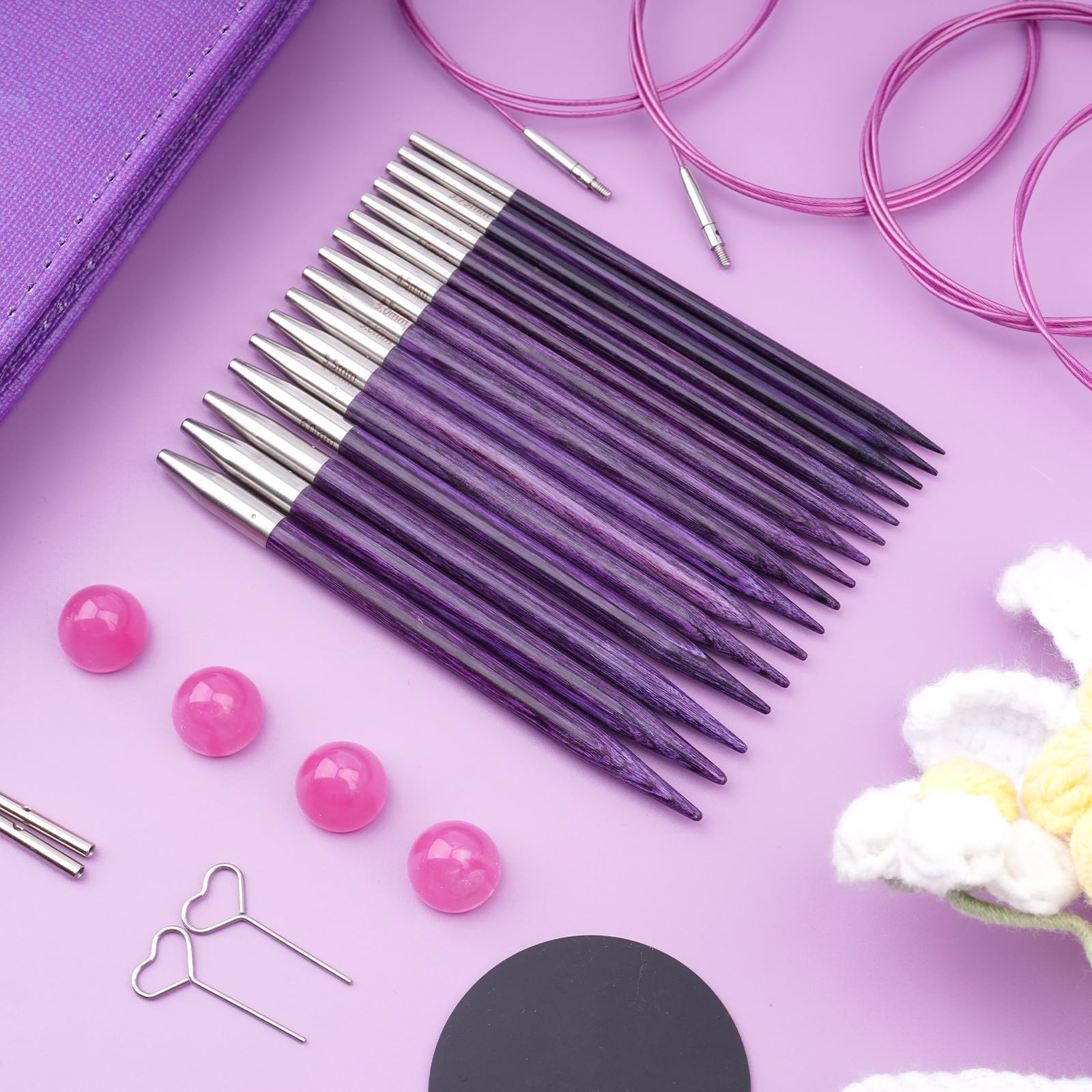 Hobekoee Austauschbares Rundstricknadel-Set | 8 Paar austauschbare Stricknadeln aus Birkenholz, 3,5 mm - 6,5 mm, mit Kabeln, Zubehör und Etui (lila)