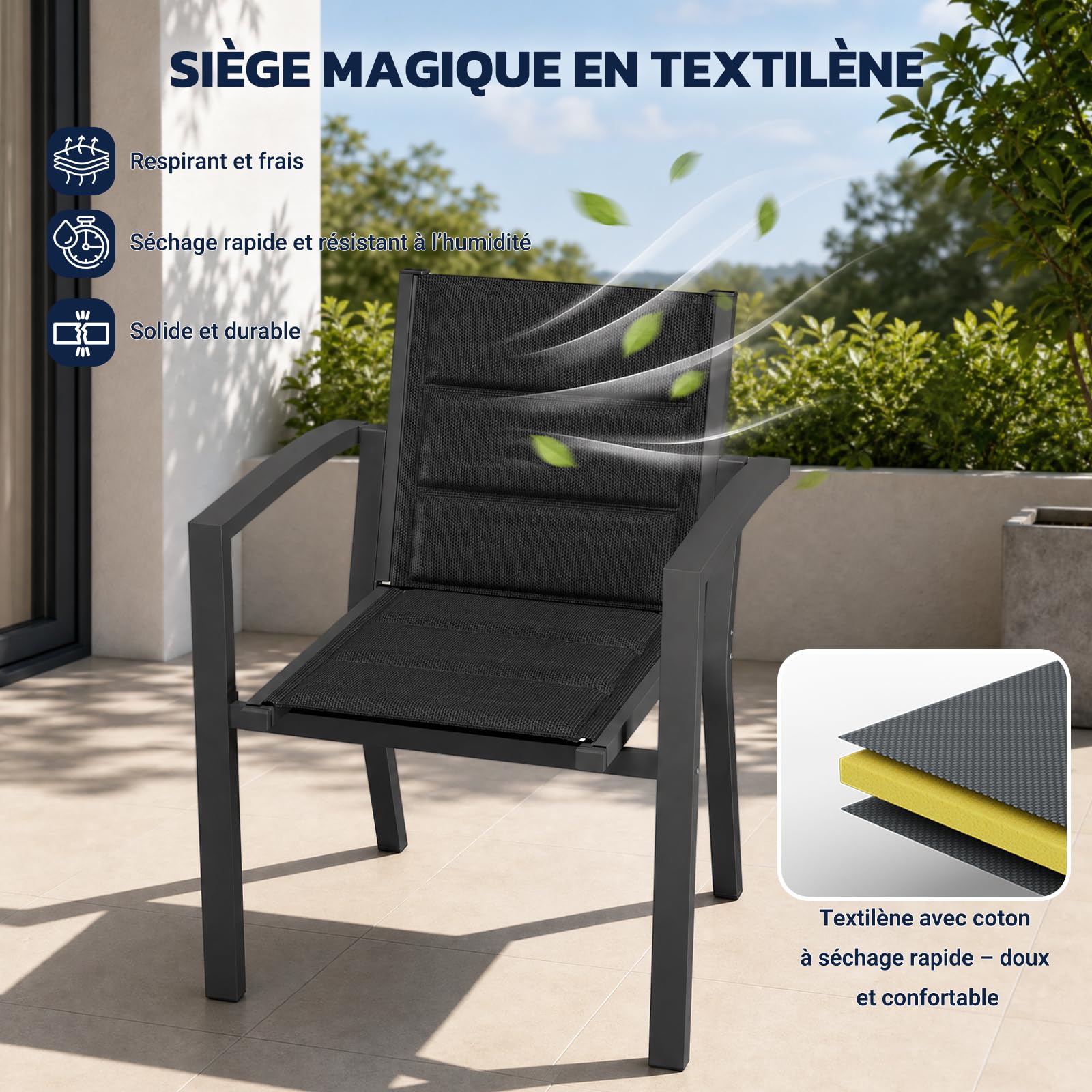 JUMMICO Lot de 2 Chaises de Jardin en Aluminium avec Assise et Dossier Moelleux ｜ Empilables ｜ Rangeables sous Table ｜ Charge 160 kg ｜ Idéales pour Salon de Jardin Extérieur, Cour et Balcon,Gris Foncé