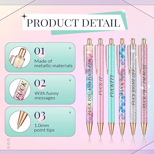 Vista 2 de Glenmal 12 bolígrafos divertidos con purpurina y palabras negativas divertidas para adultos, novedosos y divertidos refranes humorísticos