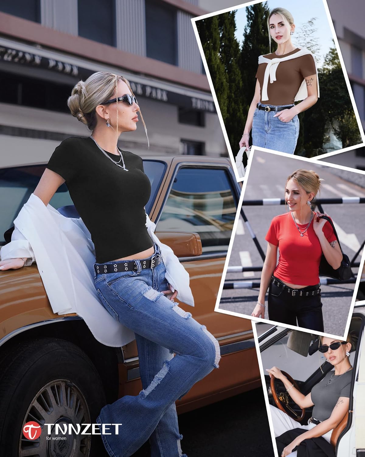 TNNZEET 6 Pack Womens Shirts - Short Sleeve Slim Fit Tight Crop Tops Spring Summer Clothes Basic Tees for Workout Gym Casual