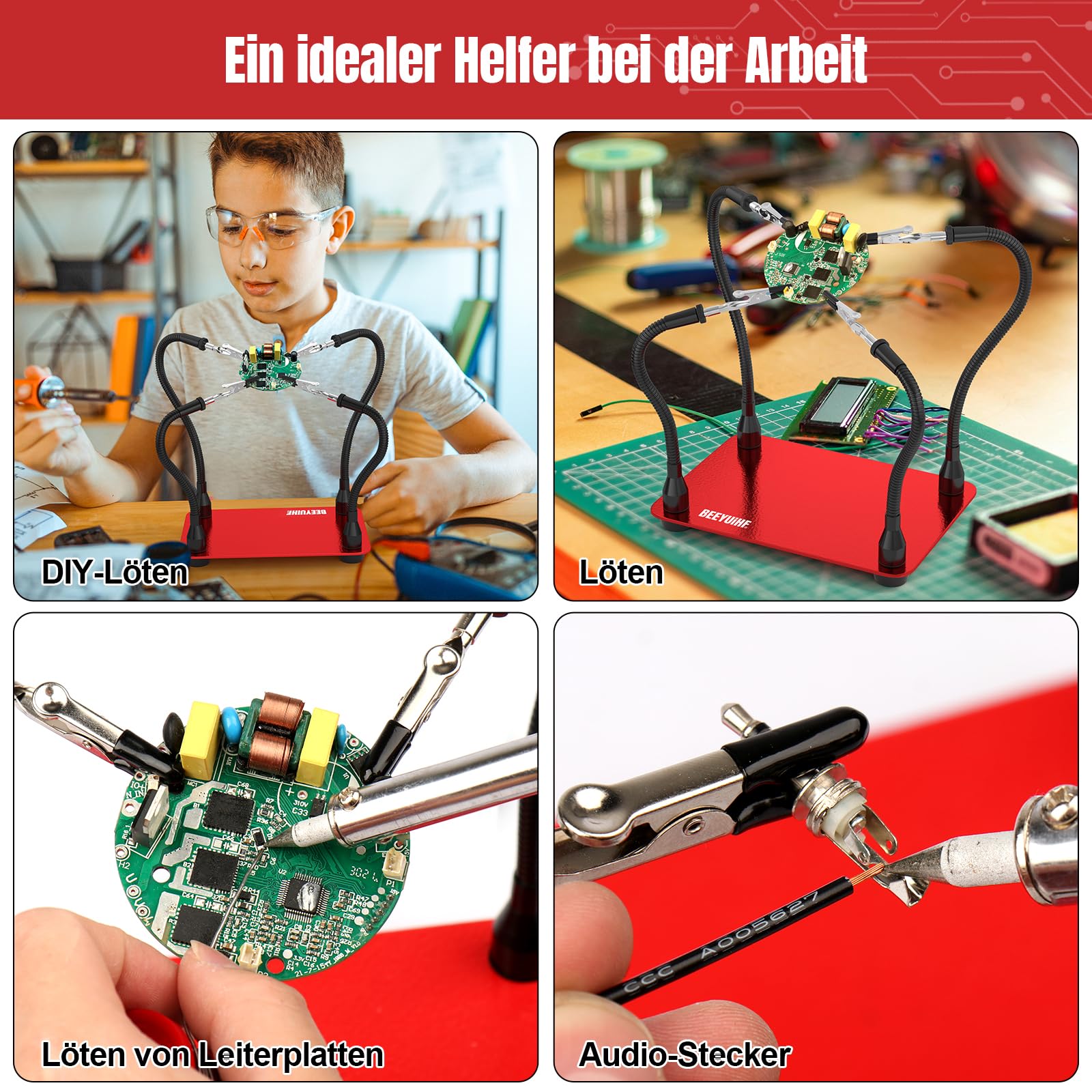 Löthilfe Lötstation mit 4 flexiblen Schwanenhals Armen und Krokodilklemmen, Lötende Dritte Hände Für Löt und Bastelarbeiten,Werkzeug Zubehör
