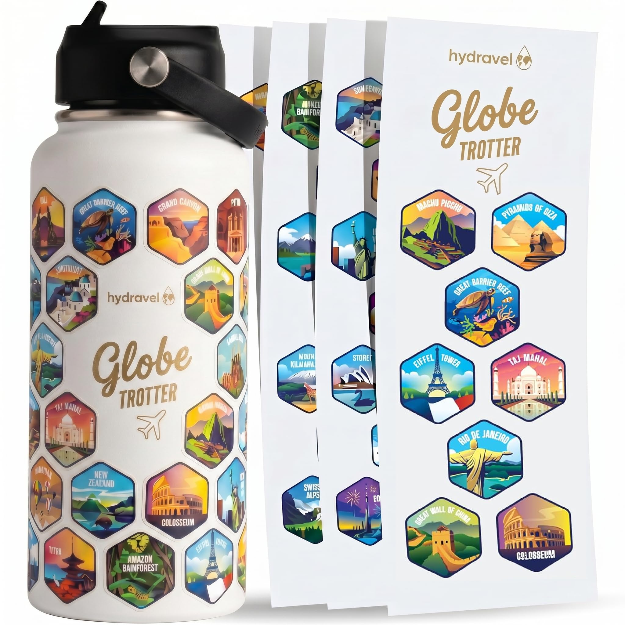 Borraccia Termica GLOBE TROTTER con 50 Adesivi dei Posti più BELLI del Mondo - Ottima Idea Regalo per Viaggiatori - 1 LT, Acciaio Inox, bevande Calde per 12h/Fredde 24h (Bianco) - 1
