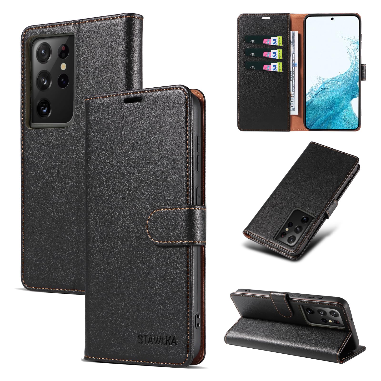 Case for Samsung Galaxy S21 Ultra, Premium PU Leather Flip Magnetic Buckle Wallet Case Kickstand Blocking RFID Shockproof Protective Phone Cover for Samsung Galaxy S21 Ultra - Black