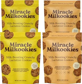 Miracle Mama Milkookies-Lactation Cookie Sampler– Crunchy Oatmeal Chocolate Chip + Vegan Oatmeal Walnut Cherry– Variety to Support Breastfeeding Moms– Dairy-Free, Gluten-Free Options – 4 x 8oz Bags