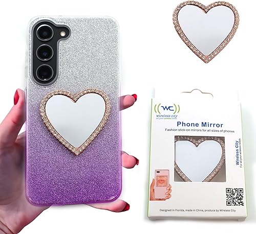 Espejo de maquillaje con diamantes brillantes para fundas de teléfono celular, espejo para maquillaje (espejo de teléfono con forma de corazón, oro