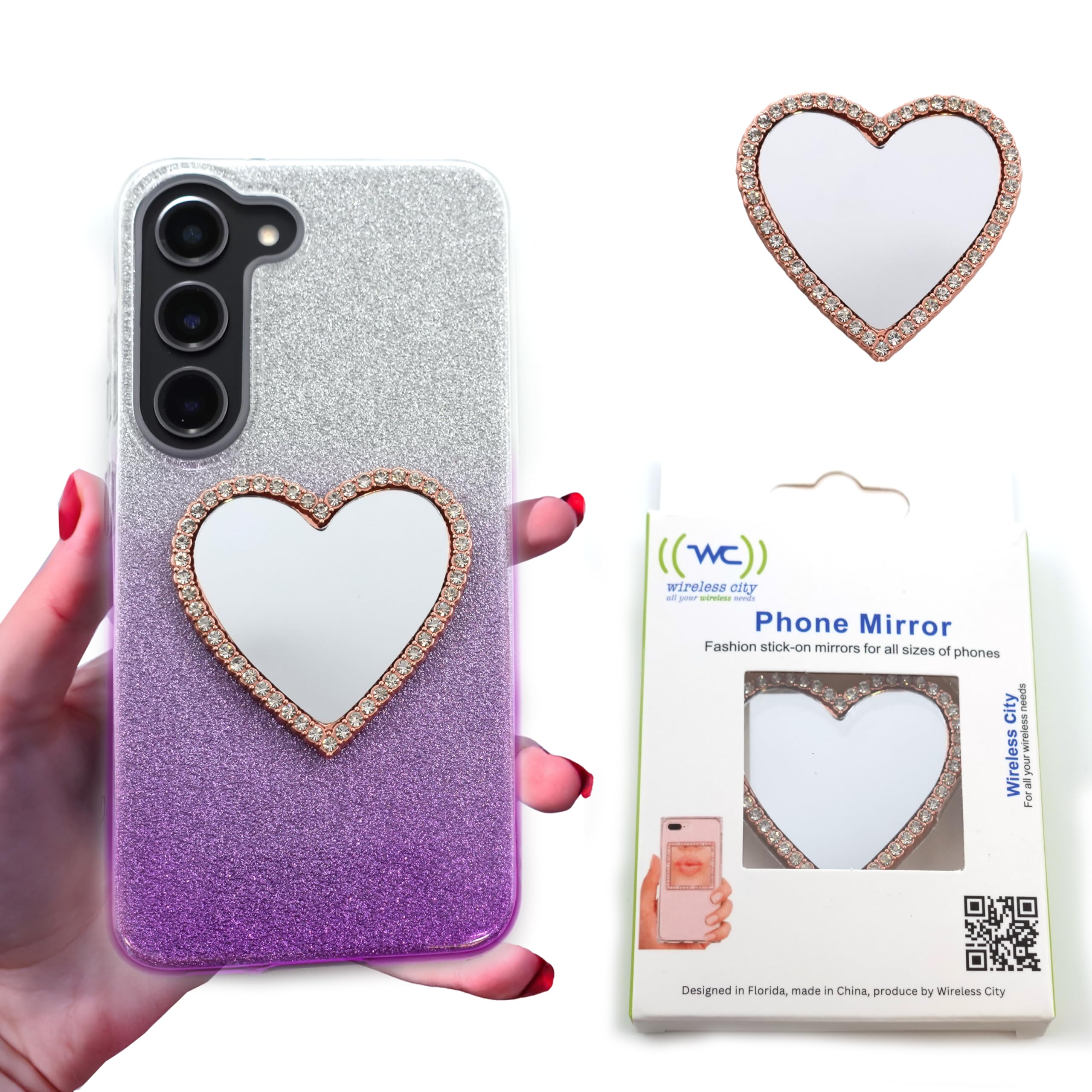 Wireless City Heart Phone Mirror Stick-On - Rose Gold Diamond Bling Cell Phone Mirror for Phone Case with