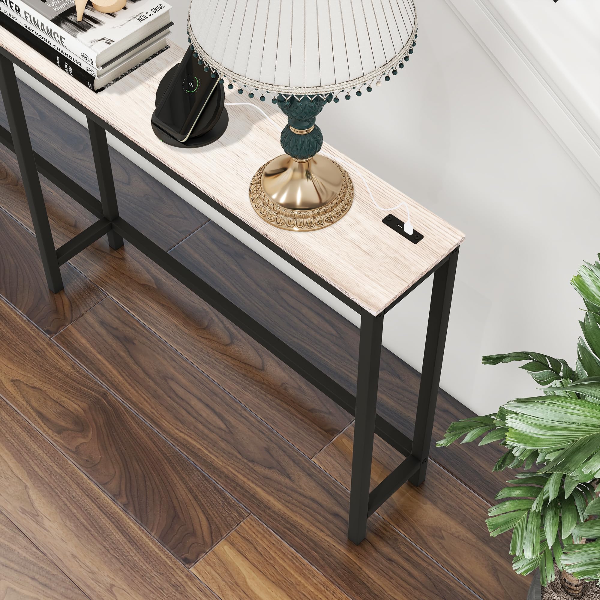 Mesa consola de 70.8 pulgadas con puertos USB, mesa de sofá con estación de carga, mesa de entrada estrecha, mesa de pasillo delgada, arce 7