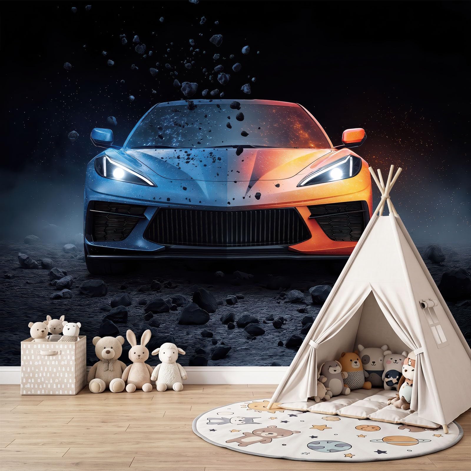 Fototapete Schlafzimmer Wohnzimmer 300x210 cm 3D Sportwagen Fels, Wandtapete Vlies Tapete UV-Beständig Geruchsfrei Vliestapete Panorama Wandbild Wandposter