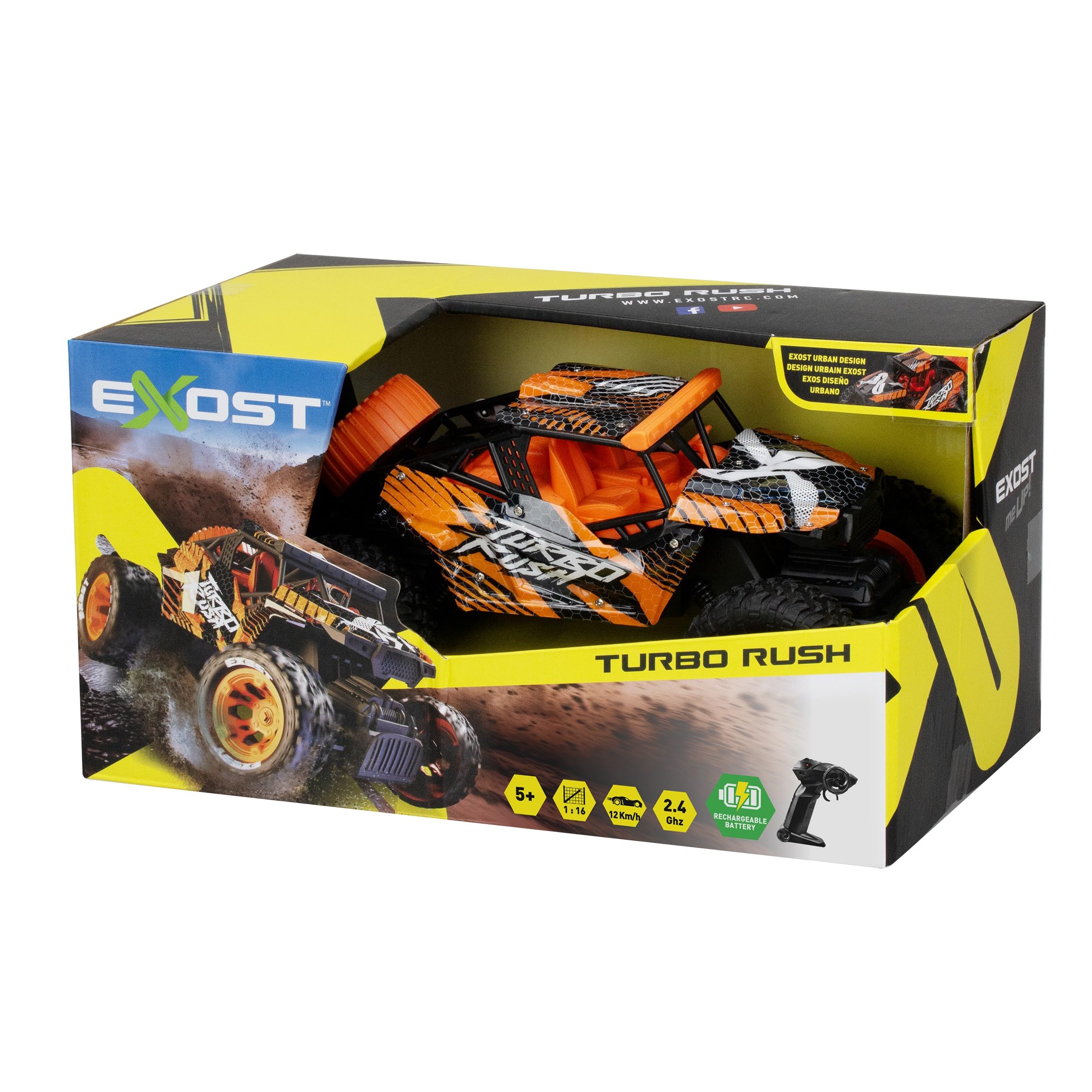 Exost Turbo Rush - Coche de control remoto de 2,4 GHz, función completa, carreras todoterreno, neumáticos duraderos, batería recargable, juguete para niños a partir de 5 años