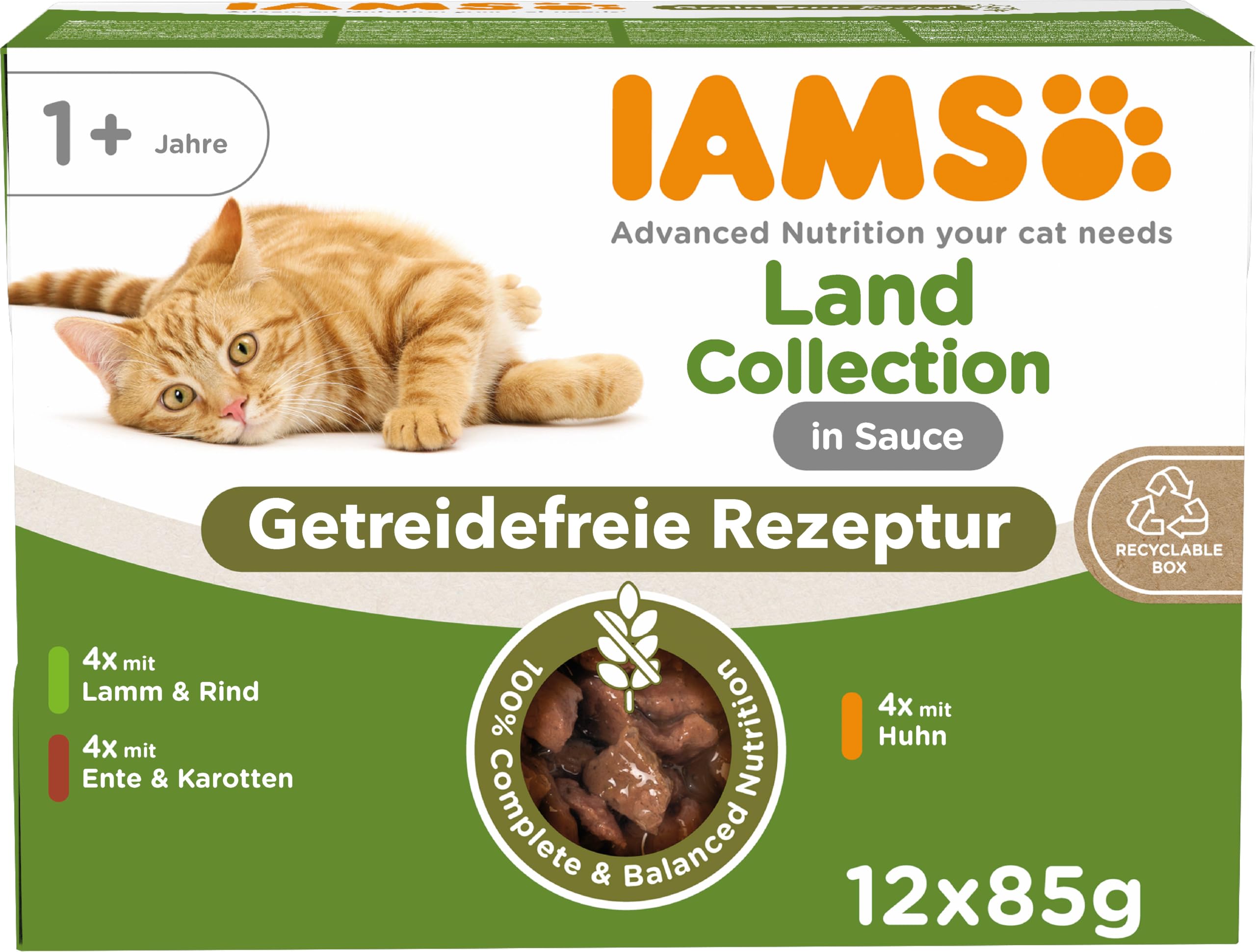 IAMS Delights Land Collection Katzenfutter Nass Getreidefrei - Multipack mit Fleisch Sorten in Sauce, getreidefreies Nassfutter für Katzen ab 1 Jahr, 12 x 85g