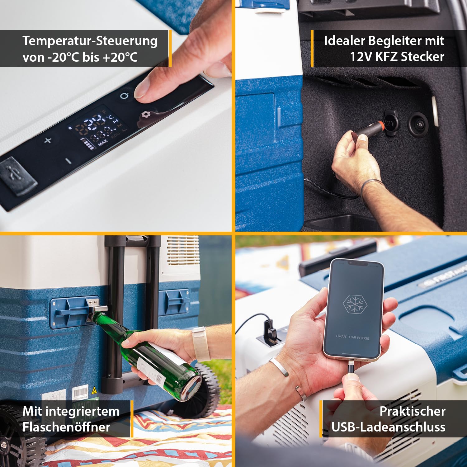 TZS First Austria - Kompressor-Kühlbox 43L - bis -20°C - Bluetooth-App - 45 dB(A) - AC 100-240V DC 12V 24V - Campingkühlbox - Blau-Grau