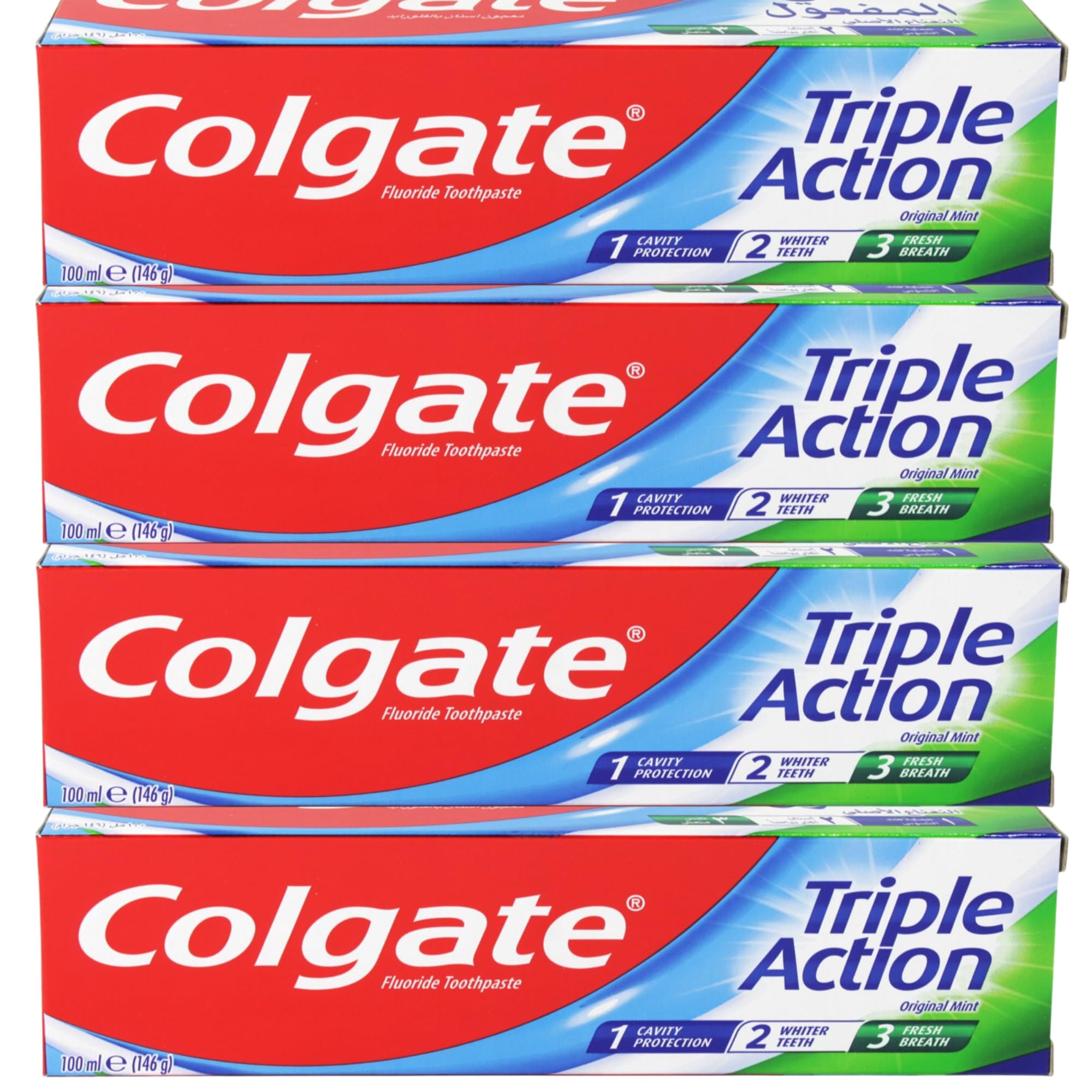 Colgate Triple Action Toothpaste Original Mint (100ml x 4) – 4 Pack – Cavity Protection, Whiter Teeth, Fresh Breath – Daily Fluoride Multipack Toothpaste for Complete Oral Care
