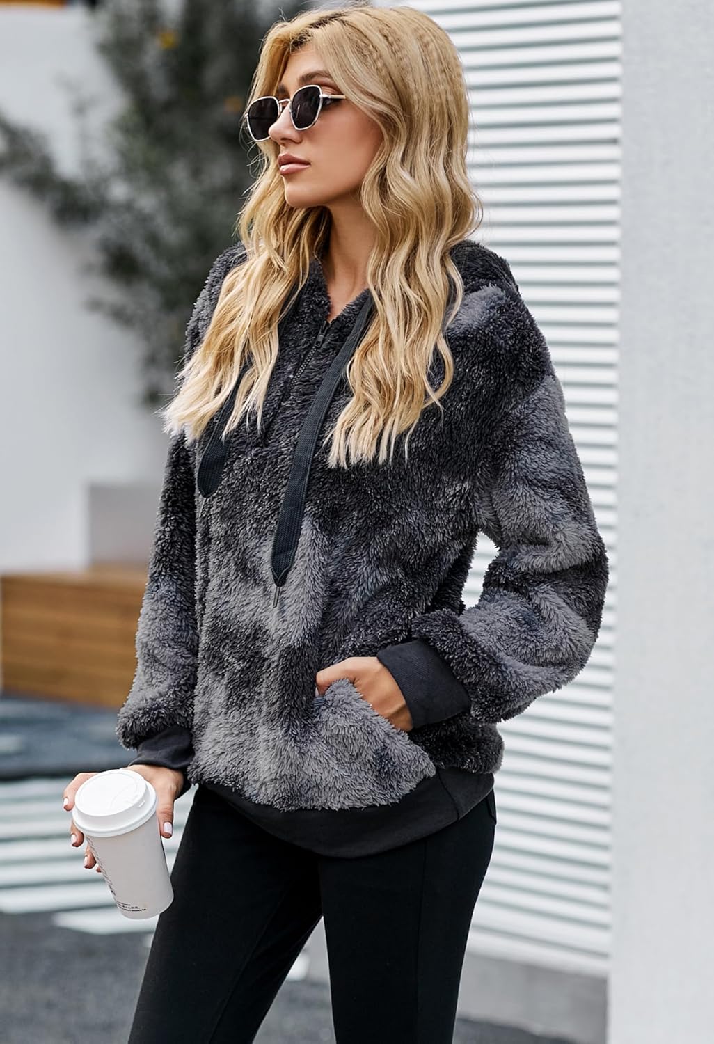 Yanekop Womens Fuzzy Fleece Pullover Oversized Sherpa Jacket Half Zip Pullover Sweaters Winter Faux Fur Jacket Coat - Image 3