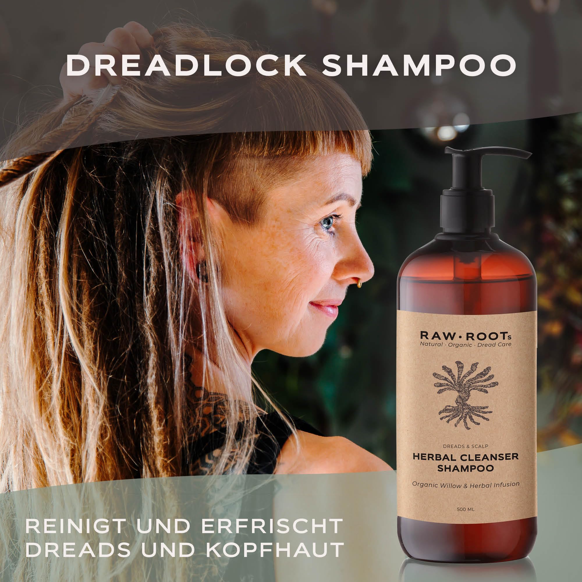 RAW ROOTs Herbal Cleanser 500ml - Herbal Essence Shampoo für Dreadlocks und natürliches und fettiges Haar - Shampoo ohne silikon sulfate und parabene