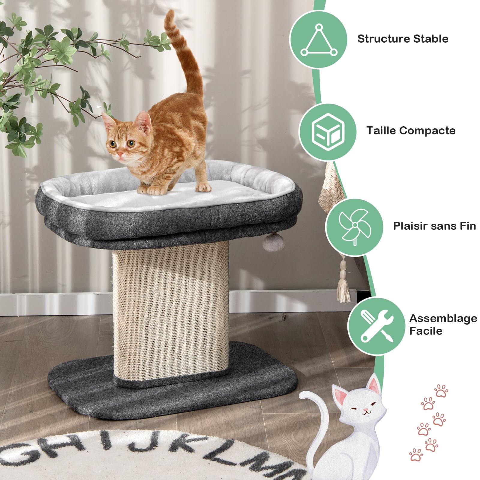 GOPLUS Árbol Rascador Pequeño para Gatos de Altura 50 CM con Poste Rascador de Sisal, Torre de Actividades de Carga 20 KG con Soporte de Peluche y Juguete de Bola Colgante, 59×40×50 CM, Gris